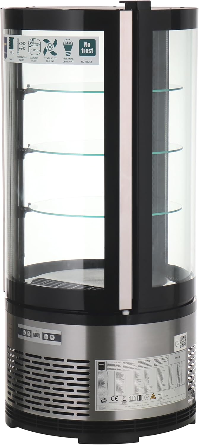 METRO Professional Kuchen-Vitrine GRV1100, Gastro, Edelstahl/Glas, 100 L, Umluftkühlung, 490W, Temperaturanzeige, automatisches Abtauen, rund, silber, Klimaklasse 6