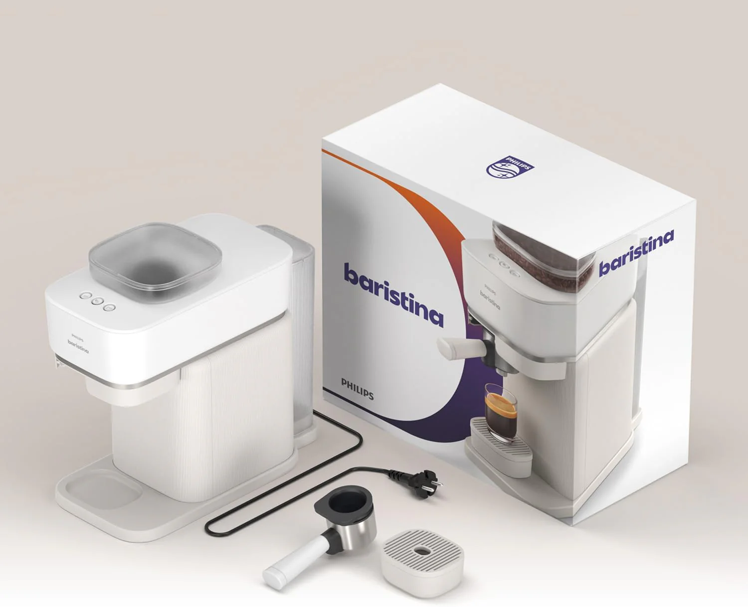 Philips Baristina Espressomaschine - Real Espresso- made simple. Kompakte Kaffeemaschine- Naturwei? mit wei?em Siebtr?ger- 16-bar-Pumpendruck- automatisches Mahlwerk- Cafe Crema (BAR300/00)