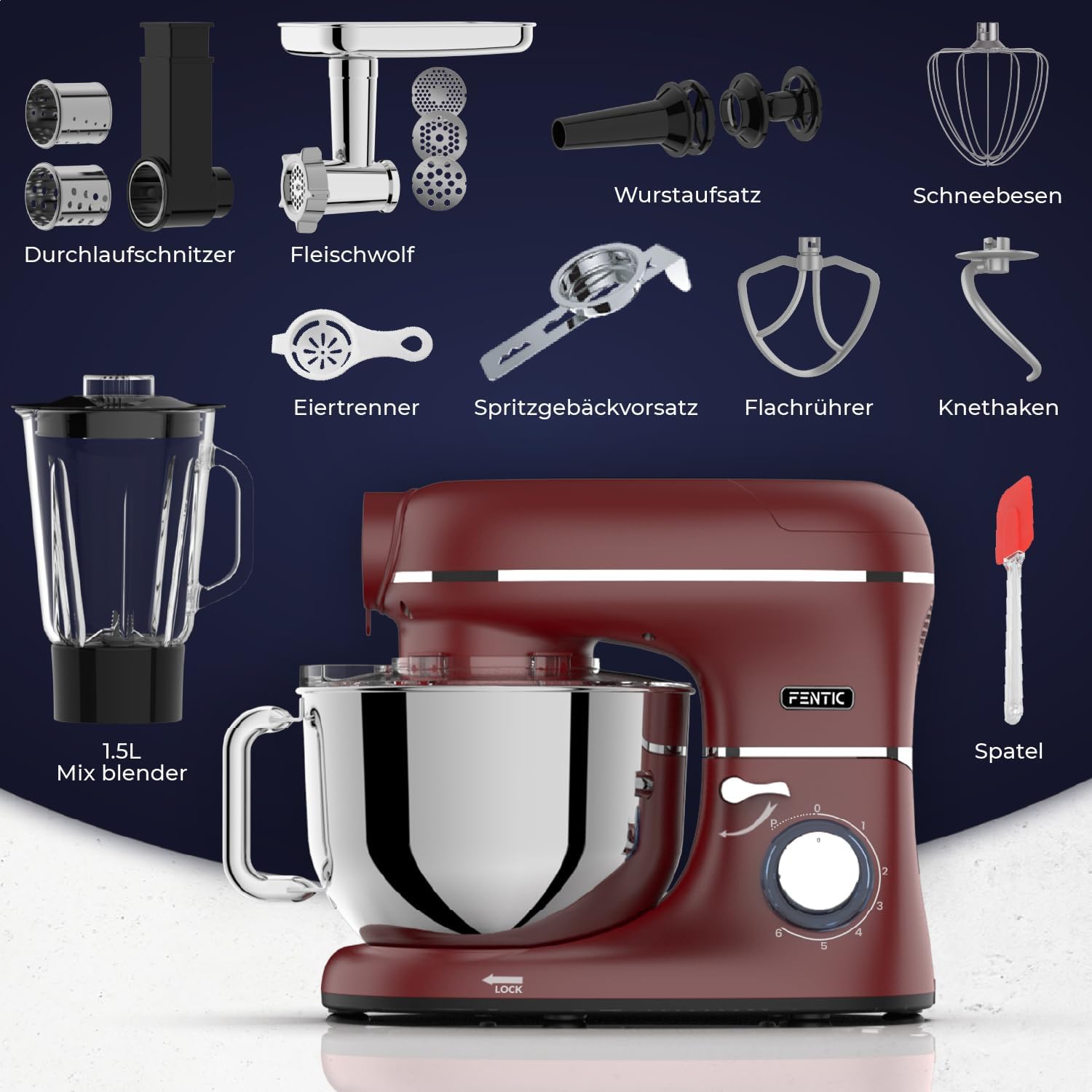 Fentic 6-in-1 Küchenmaschine – 2000W – Mit Fleischwolf, 1,5L Entsafter, Gemüseschneider und Mehr – Knetmaschine mit 6,2L Rührschüssel, Rührhaken, Knethaken, Schlagbesen und Spritzschutz (Schwarz)