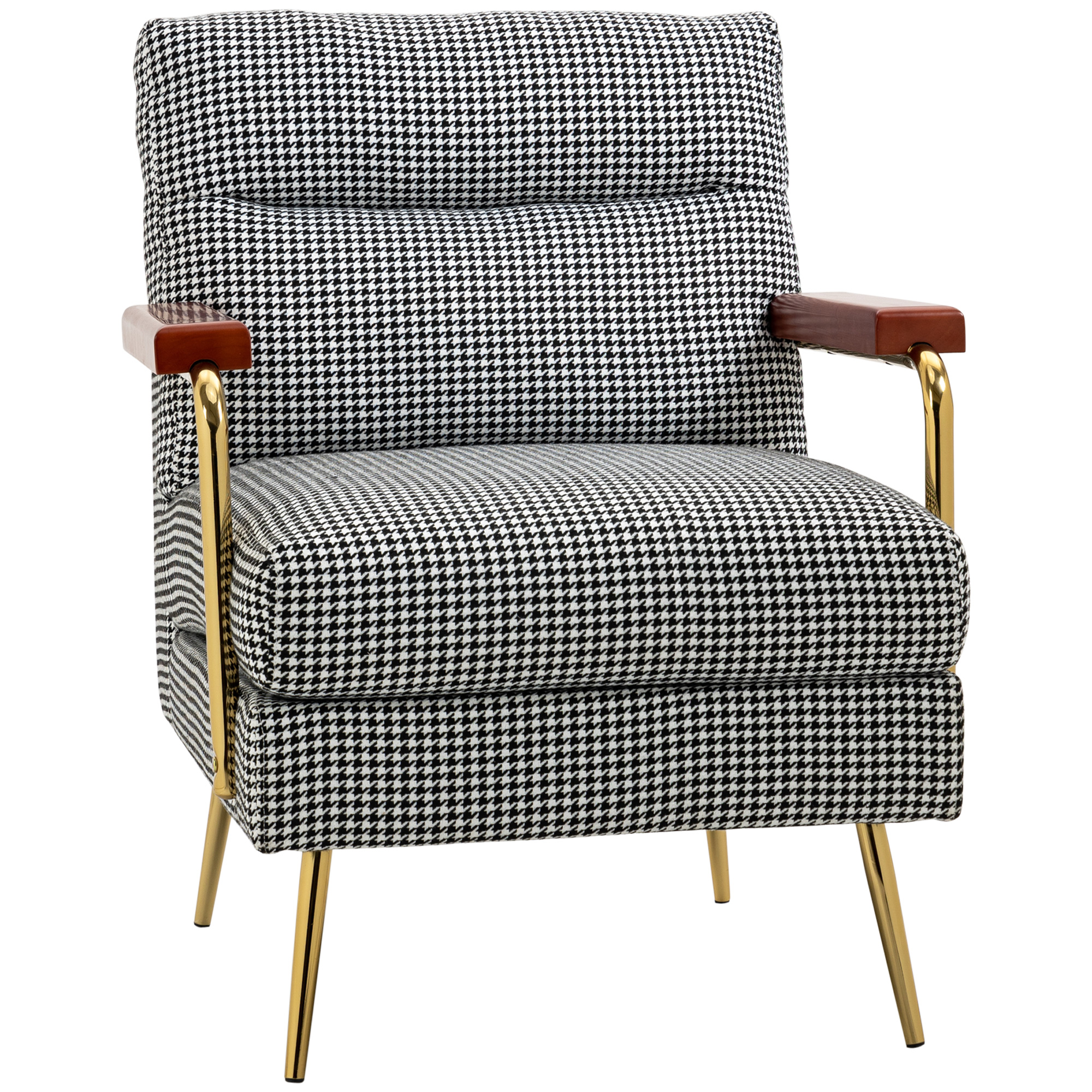 Fauteuil in retrodesign, accentstoel, pied-de-poulepatroon, houten elementen, binnenvering, zwart+wit