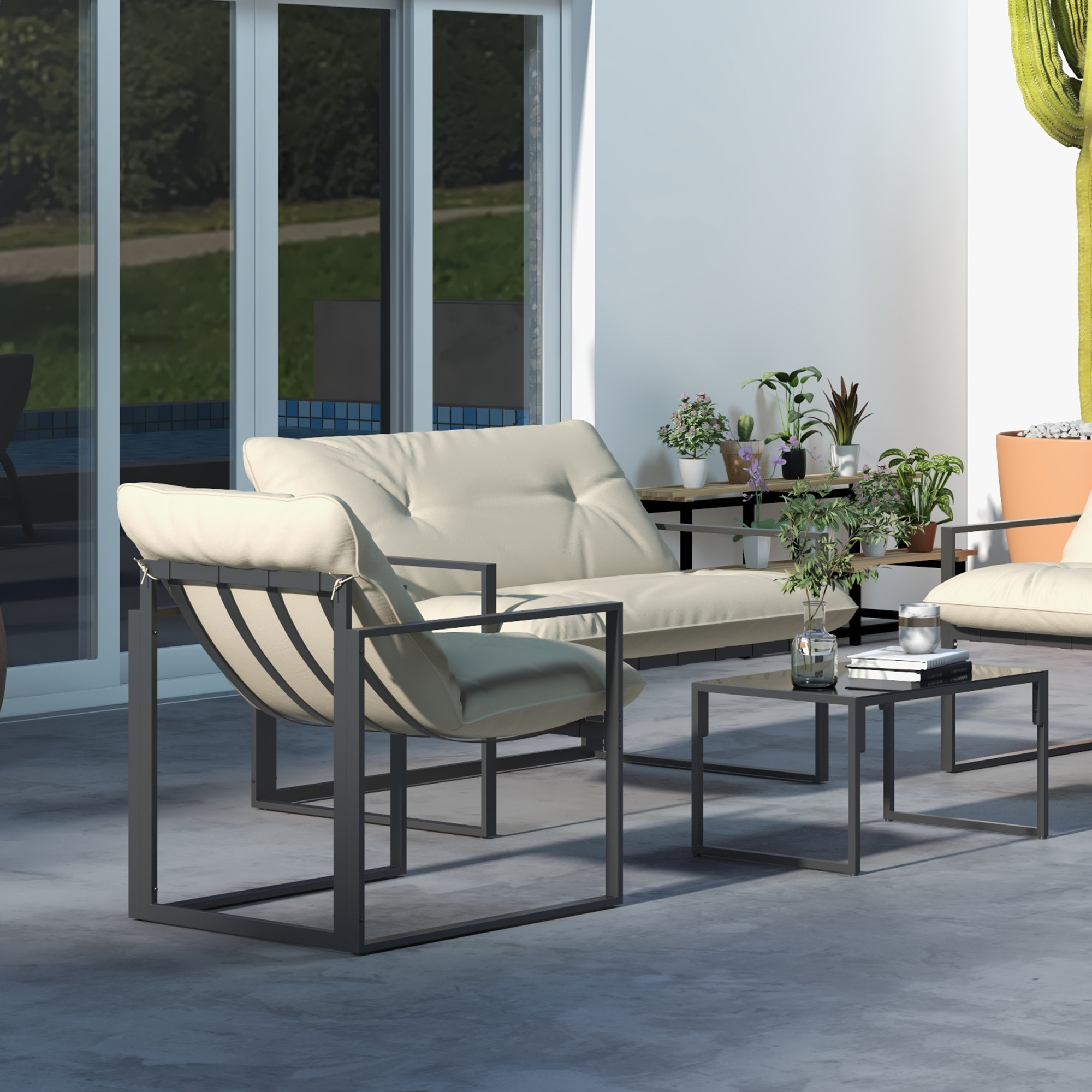 Tuinmeubelset met Glazen Tafel, 2 Stoelen, 1 Bank, Weerbestendig, 114 cm x 70 cm x 67 cm, Grijs+Beige