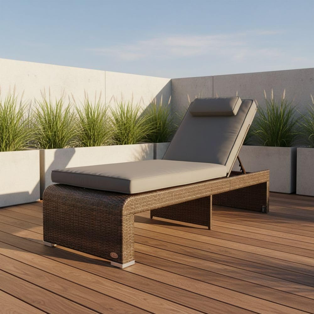 RS Trade Sonnenliege Gartenliege wetterfest aus Rattan, extra hoch & extra breit auch für Senioren – XXL bis 200kg – mit Rollen, Outdoor Liege mit Verstellbarer Rückenlehne, braun mit Grauer Auflage