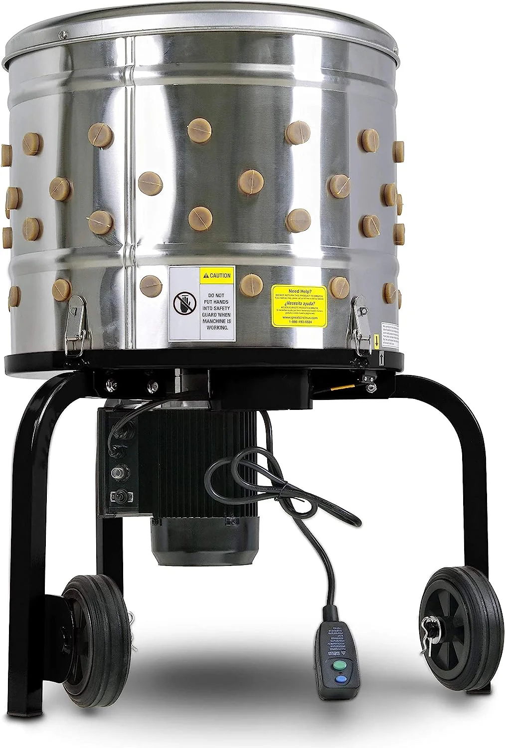 Kitchener Chicken Plucker De-Feather Remover Poultry and Fowl Food Processor Electric Stainless Steel Heavy Duty 1HP 120VAC 280RPM GFCI Connector 92 Soft Fingers 20 Drum Diameter