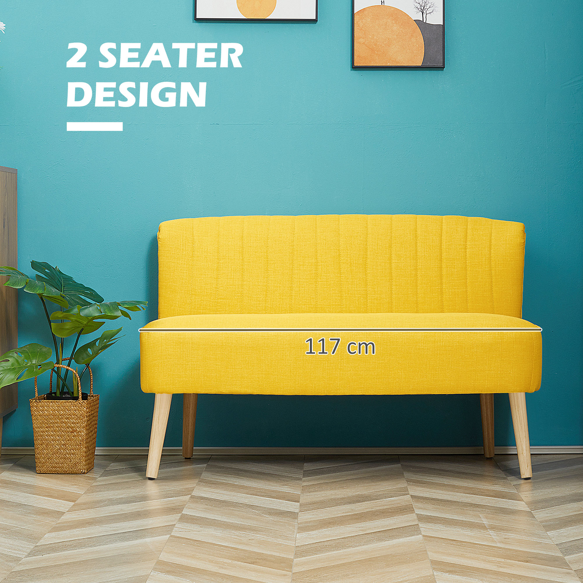 Sofa Retrodesign 2-zitsbank, houten poten, 117 cm x 56,5 cm x 77 cm, Geel