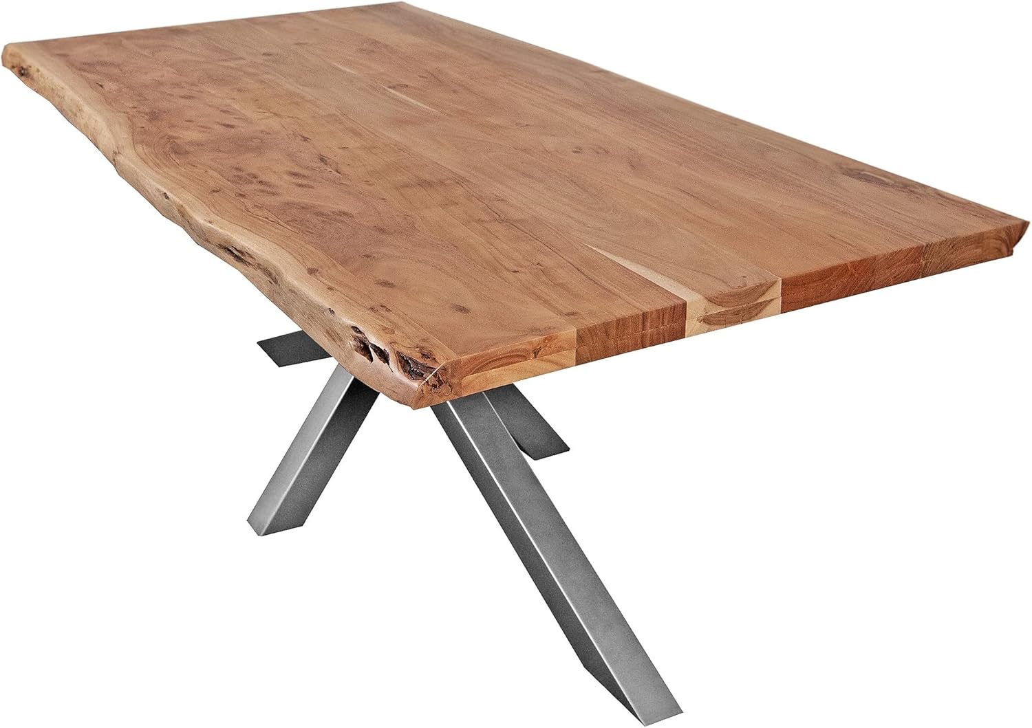 SAM Esstisch 240 x 100 cm Cali, Baumkantentisch naturfarben, Akazienholz massiv, Spider-Gestell aus Metall Silber, aufgedoppelte Kanten 25+25 mm