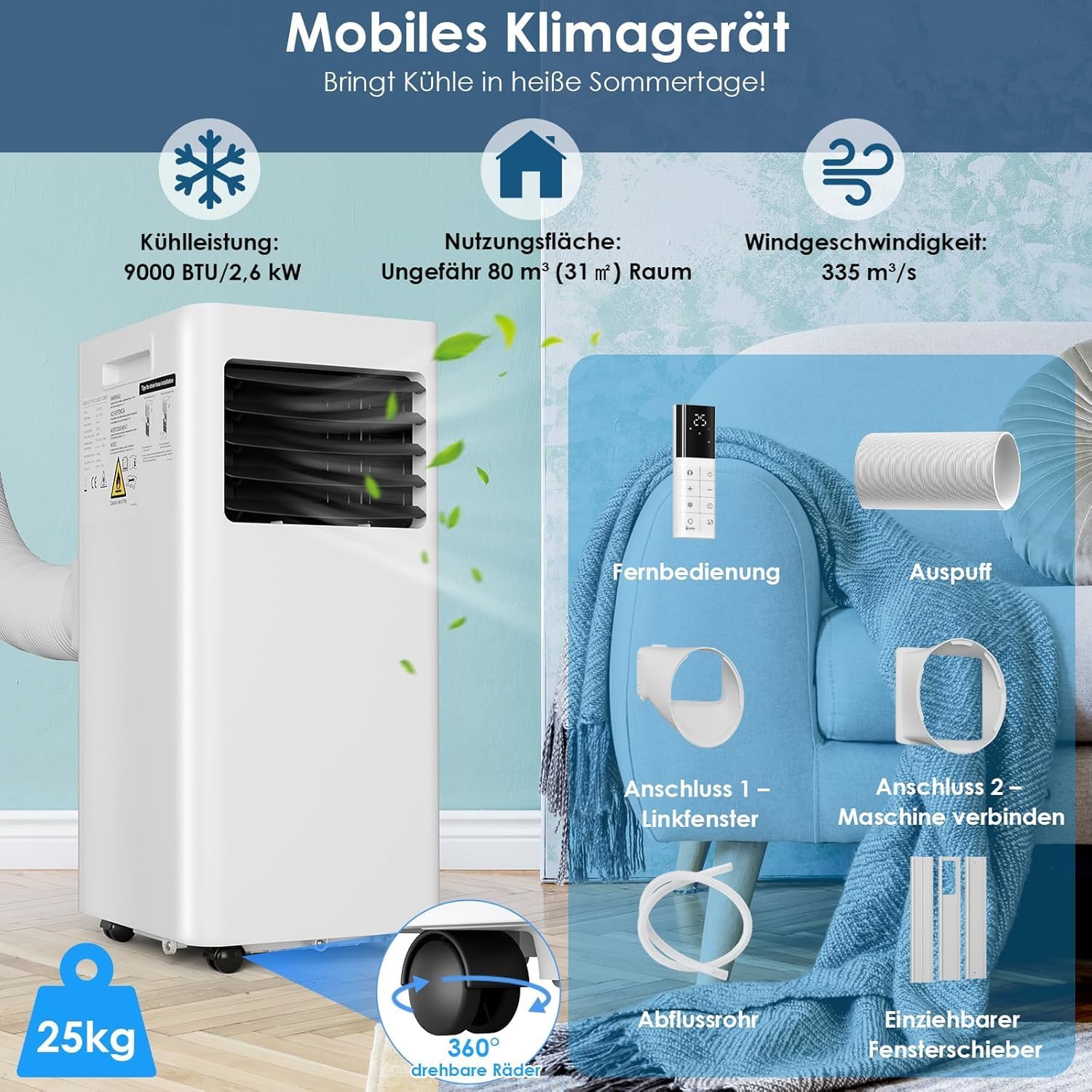 LIFERUN Mobiles Klimagerät, 4in1, Kühlen, Entfeuchten, Ventilieren, Staubfilter, 9000BTU/h 2,6kW, Mobile Klimaanlage mit Abluftschlauch, Fernbedienung, 24H-Timer, Schlafmodus, für Räume bis 31 m²