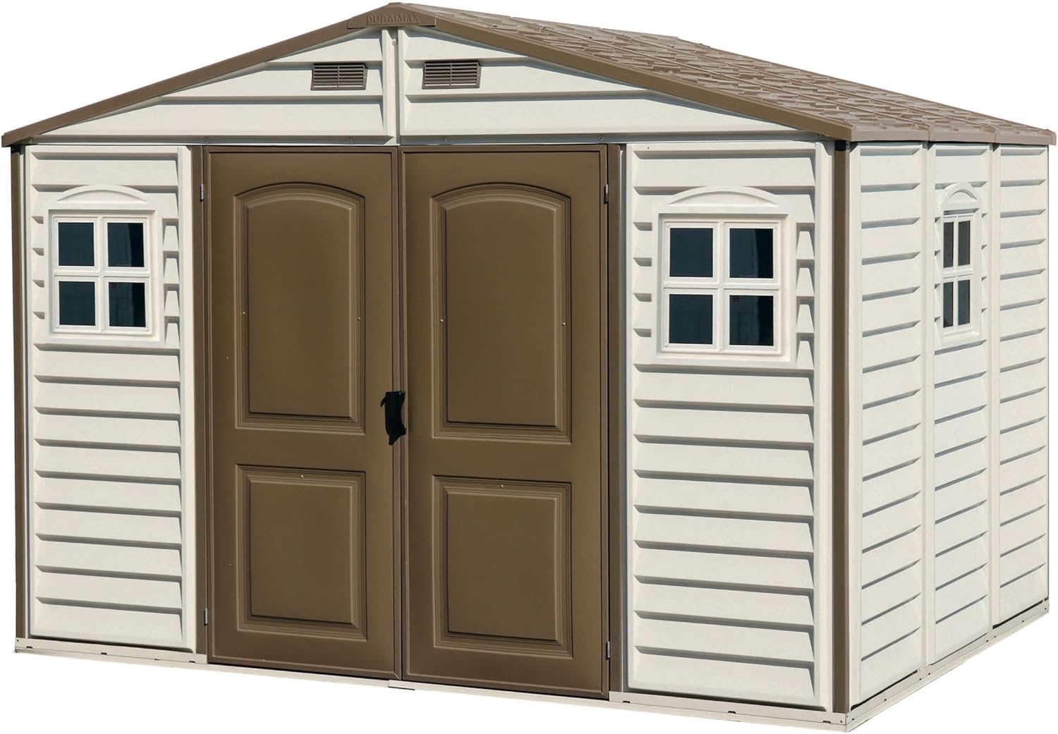 Duramax WoodSide 10 x 8 (7.64 m²) Kunststoff gerätehaus mit 3 festen Fenstern und Metallfundamentset, Gerätehaus, wartungsfreie und robuste und Dachstruktur aus Metall, Ivory/Brown