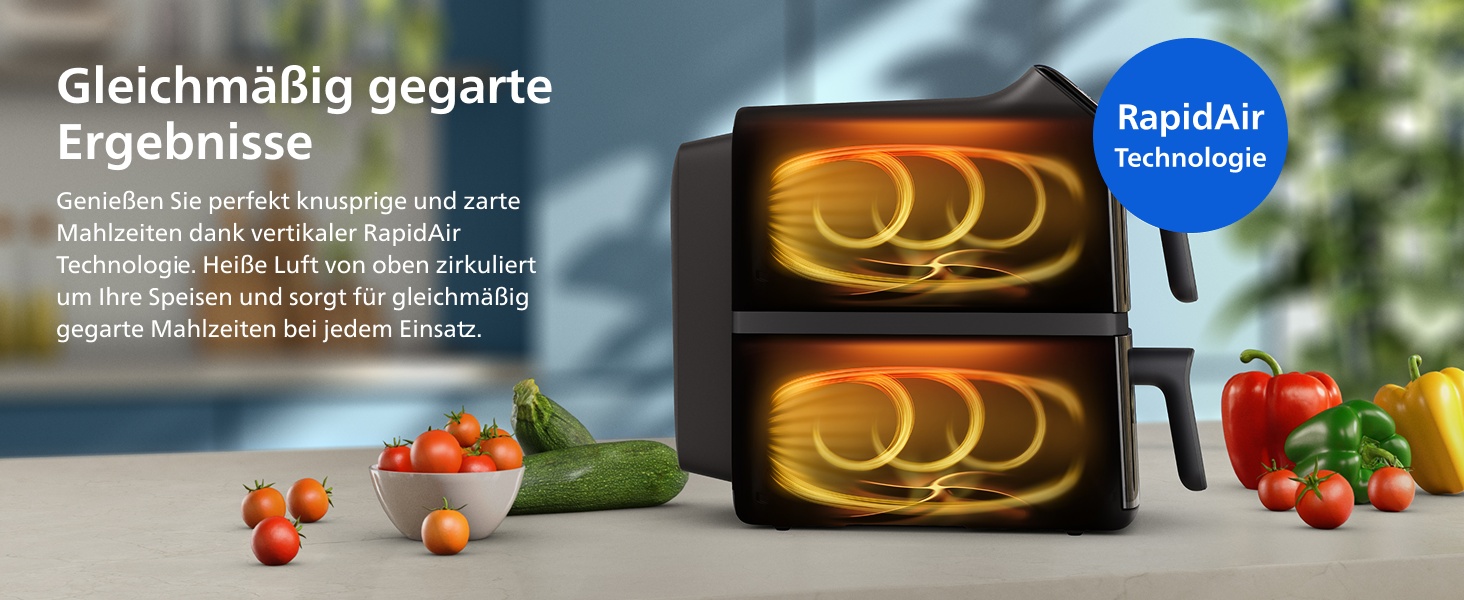 Der Text lautet „Gleichmäßig gegart“ und „Ergebnisse“. Reihenfolge der Zubereitung von Speisen, die Tomaten und den Garvorgang mit goldbraunen Ergebnissen zeigt.