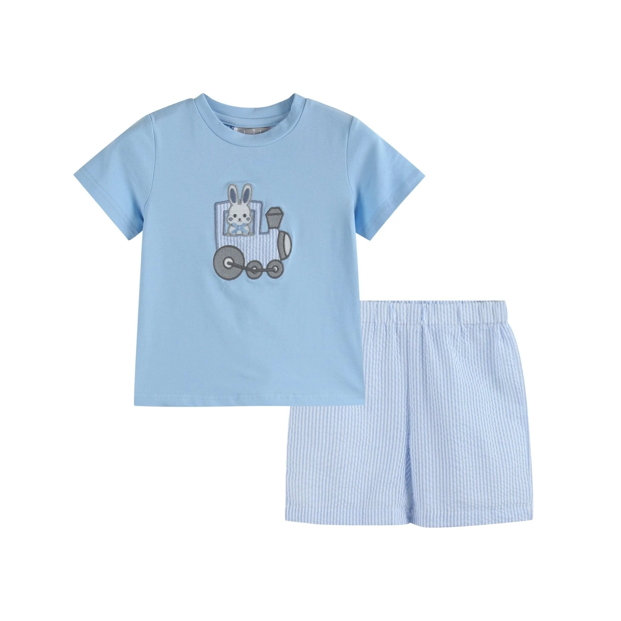 Blue Train T-Shirt and Seersucker Shorts Set