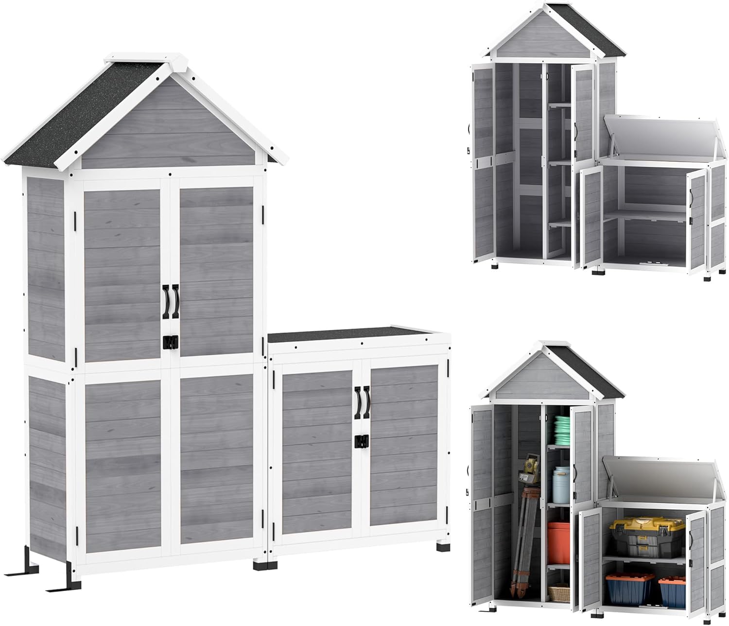 Outsunny 2 in 1 Gartenschrank Holz, Geräteschrank mit Satteldach Aufbewahrungsschrank Ablage 89x51x182cm, Gerätehaus mit Abschließbar Tür wetterfest Geräteschuppen für Terrasse, Garten, Hellgrau