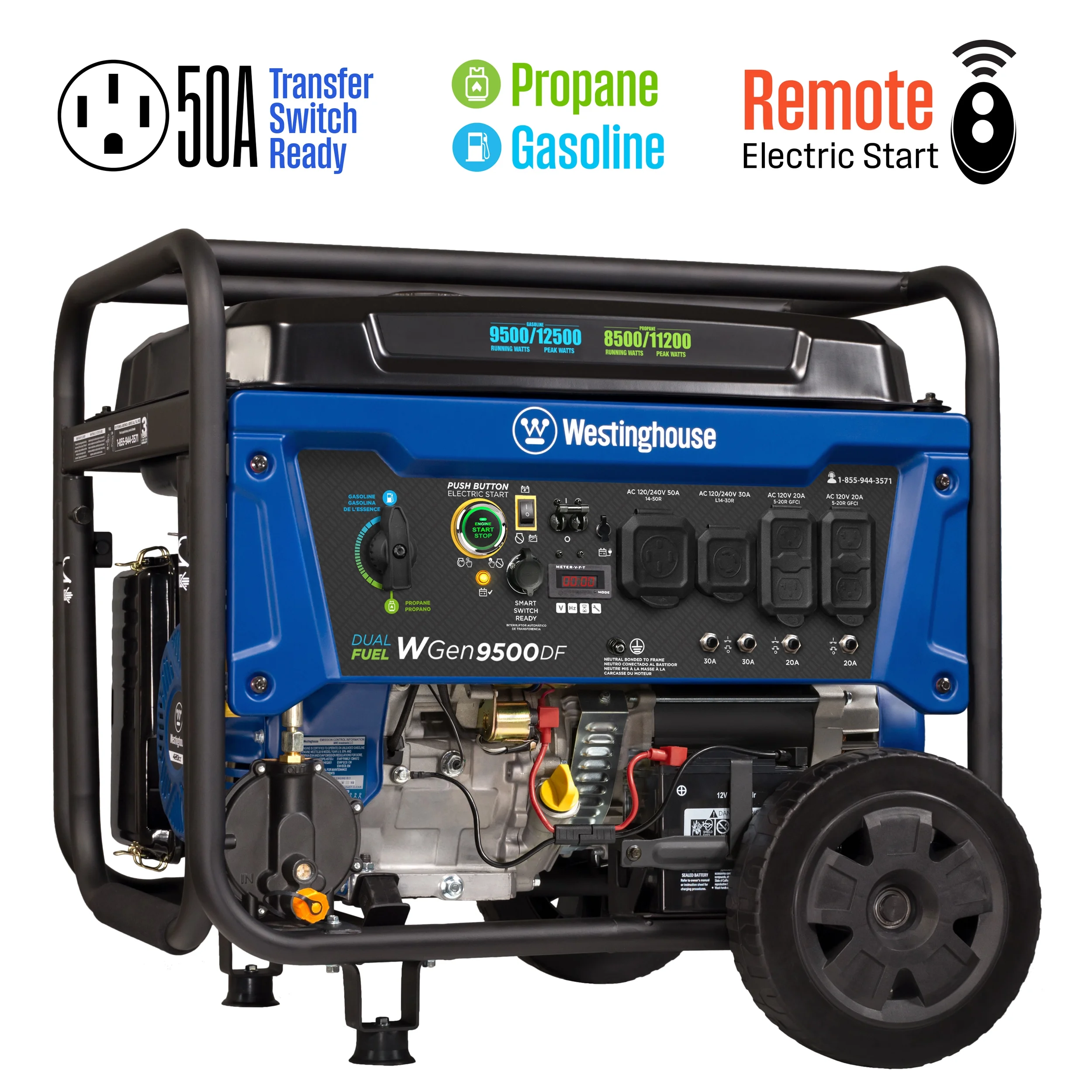 Westinghouse 12.500 Piekwatt Dual Fuel Draagbare Generator, Elektrische Start, Transfer Switch Klaar