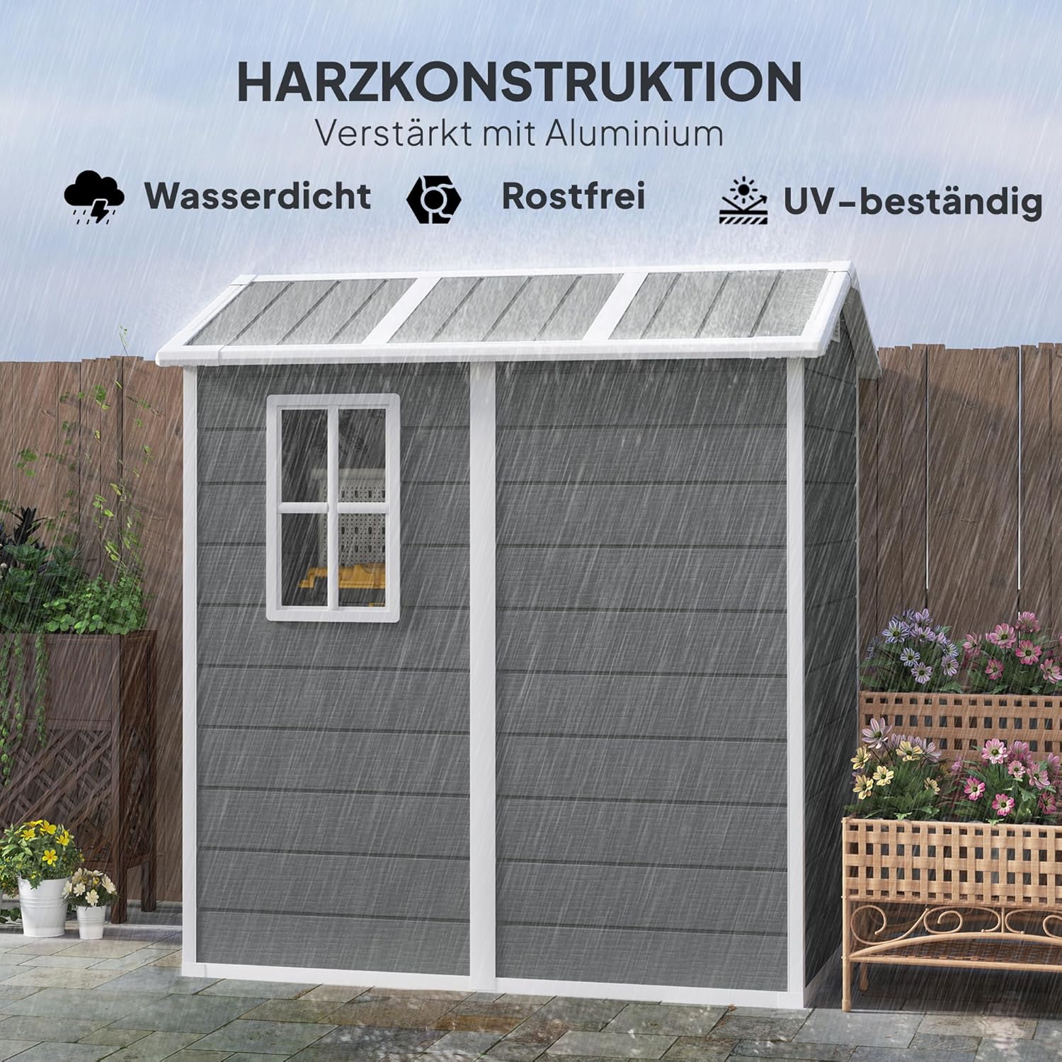 Outsunny Gerätehaus 2,1m², Wasserdicht Gartenhaus mit Boden Pultdach, 131x186x198/172 cm, Geräteschuppen mit Abschließbar Tür, Fenster Fahrradgarage aus Kunststoff, für Hinterhof, Garten, Grau