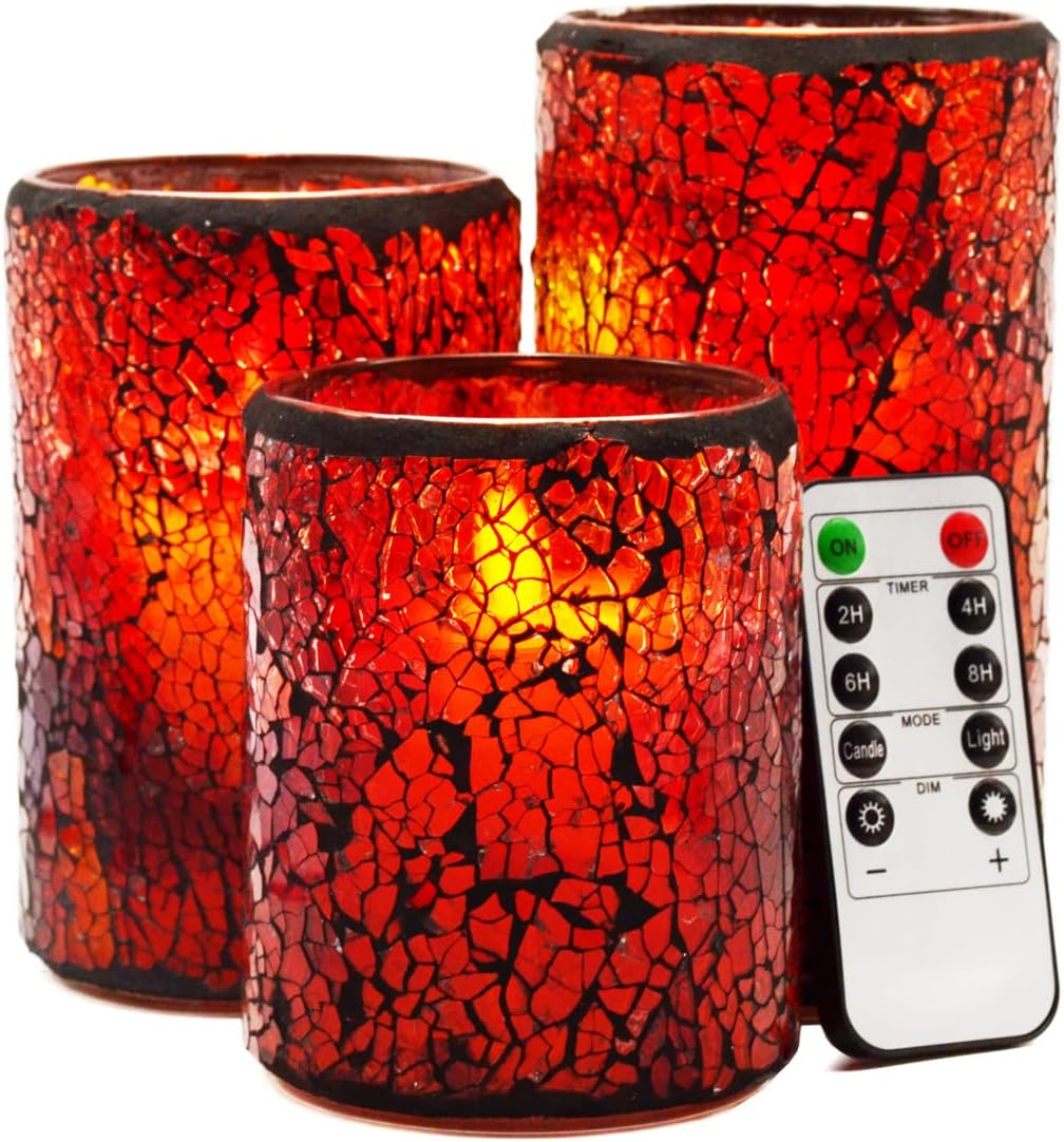 TELOSMA LED Mosaik flammenlose Kerze, rot gelb rissiges Glas Muster beweglicher Docht Stumpenkerze – Tafelaufsätze Kegelbett Kamin Herbst Dekor – Set von 3