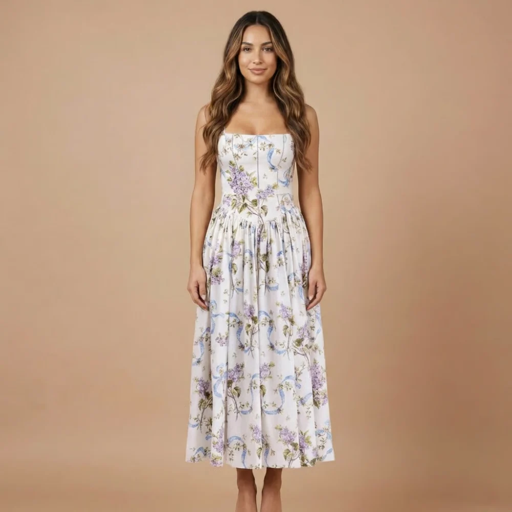 Damen Midi-Kleid mit Blumenmuster und geradem Ausschnitt f��r Hochzeitsg?ste