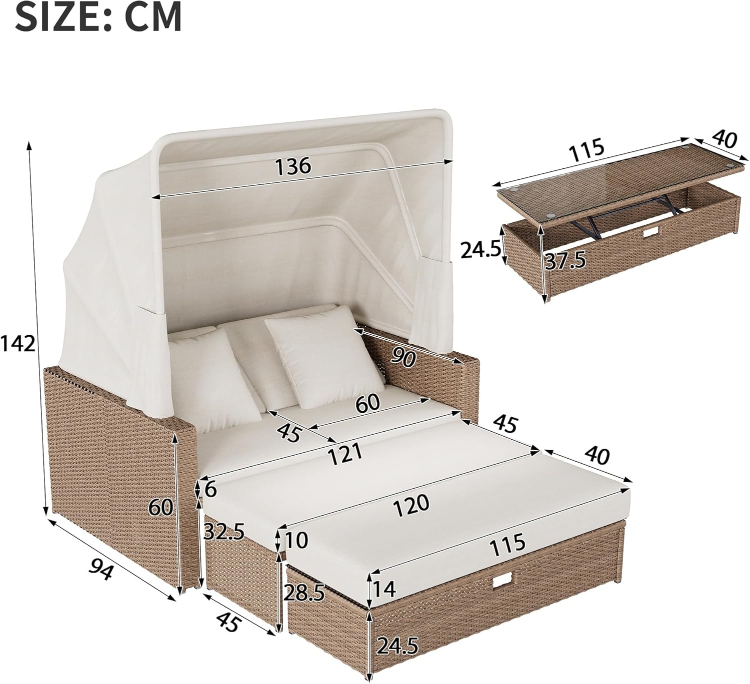 Polyrattan Gartenmöbel für 2-4 Personen, Gartensofa, Loungesofa, Verstellbarer Couchtisch, Abnehmbare Markise, PE-Rattan und Schwamm, Khaki