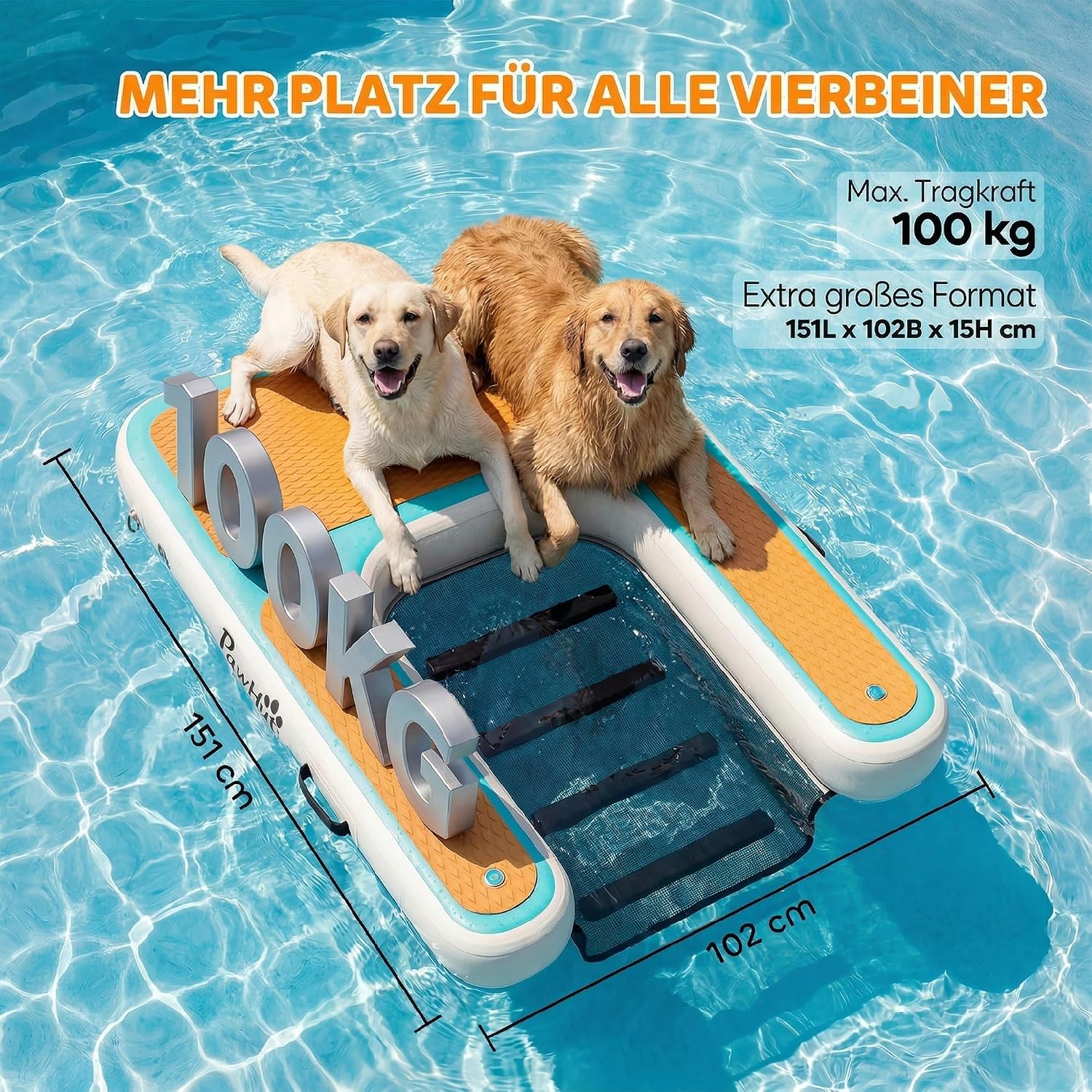 PawHut Aufblasbare Hunde Wasserrampe Hunderampe Pool 151x102 cm Tragbares Hundeboot mit Rutschfester Eva-Oberfläche Schwimmende Dock Leiter für große Hunde bis 100kg Schwimmleiter für Pool Boot Seen