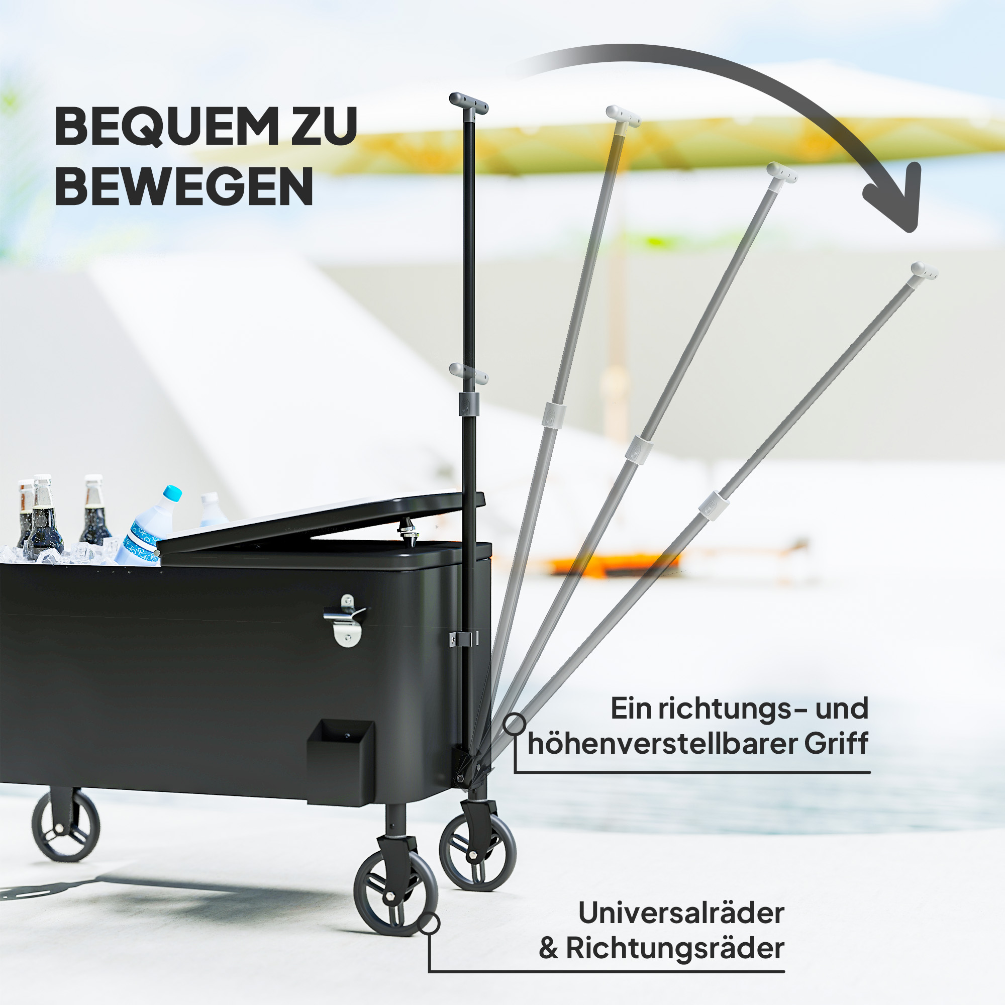 76L Koelwagen Serveerwagen met Wielen, Flessenopener, Deksel, Grepen, Verrijdbare Koelbox Zwart