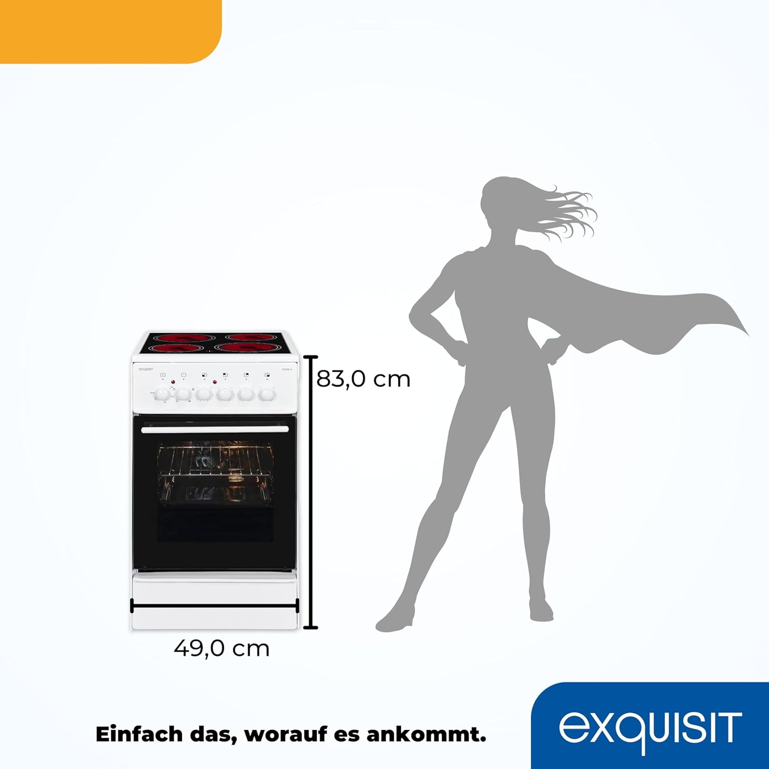 Exquisit Standherd, Standherd 50cm mit Glaskeramik Kochfeld, Ober- / Unterhitze, Backofen mit Umluft & Grill, Elektroherd freistehend 50 cm weiß, ECM 5-4-1