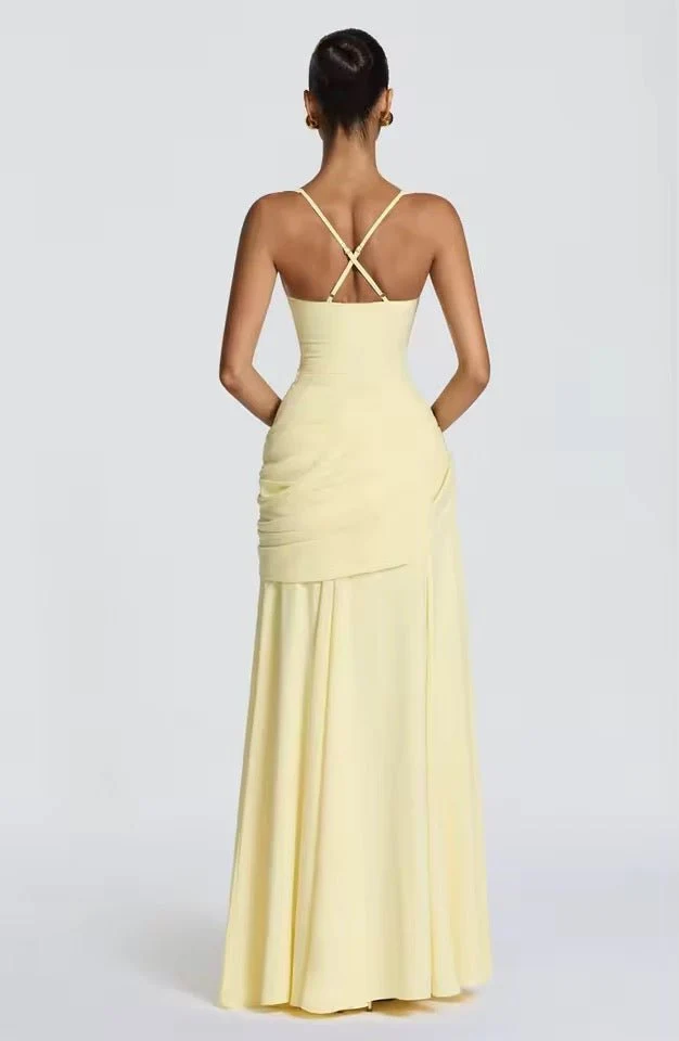Maxikleid Damen f��r Hochzeitsg?ste | Elegantes Viskose Kleid mit Raffung und Herzausschnitt | Bodenlanges Abendkleid