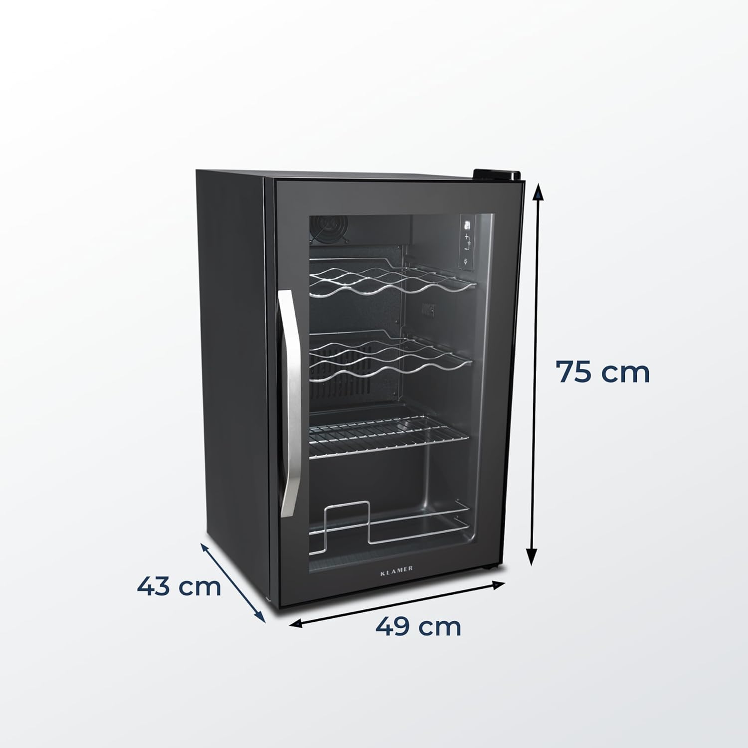 KLAMER Getränkekühlschrank 60 L, Mini Kühlschrank bis 60 Dosen, 0–20°C Touch Display, Glasfront, Automatische Abtaufunktion, Edelstahlgriff, Kühlschrank ohne Gefrierfach