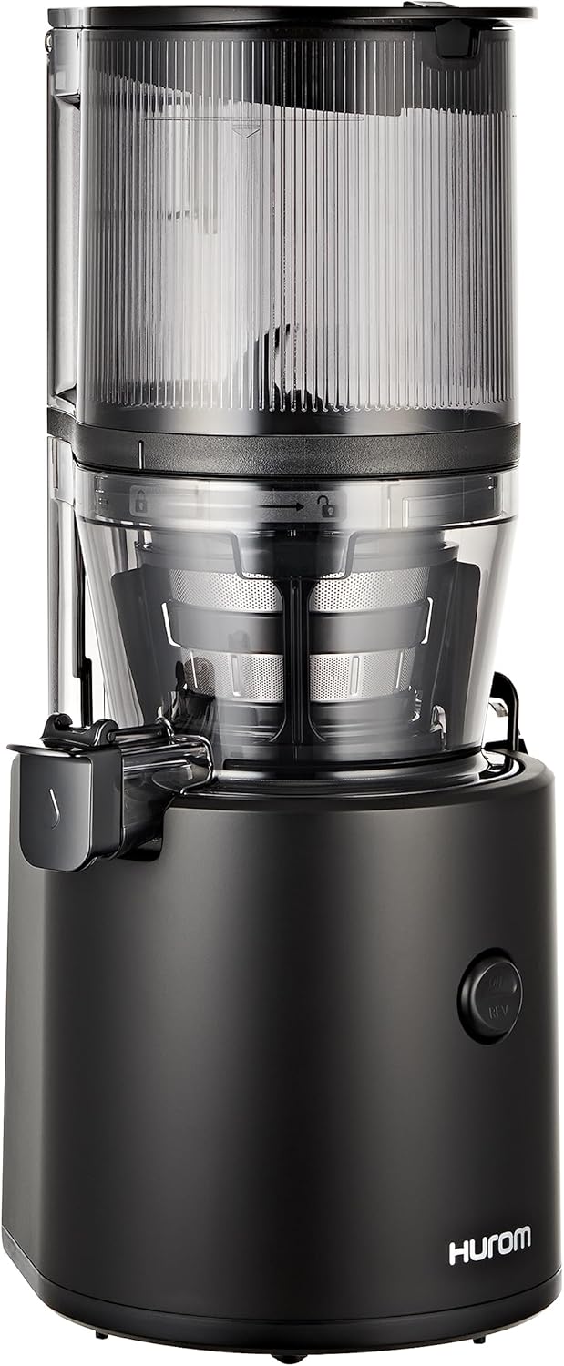 HUROM | Entsafter Gemüse und Obst | Slow Juicer | H320N | Elektrische Kaltpresse | Ruhiger Motor | Leicht zu Reinigen | mit groem Behlter und Siebfilter 2L | 200 Watt | BPA Frei | Schwarz