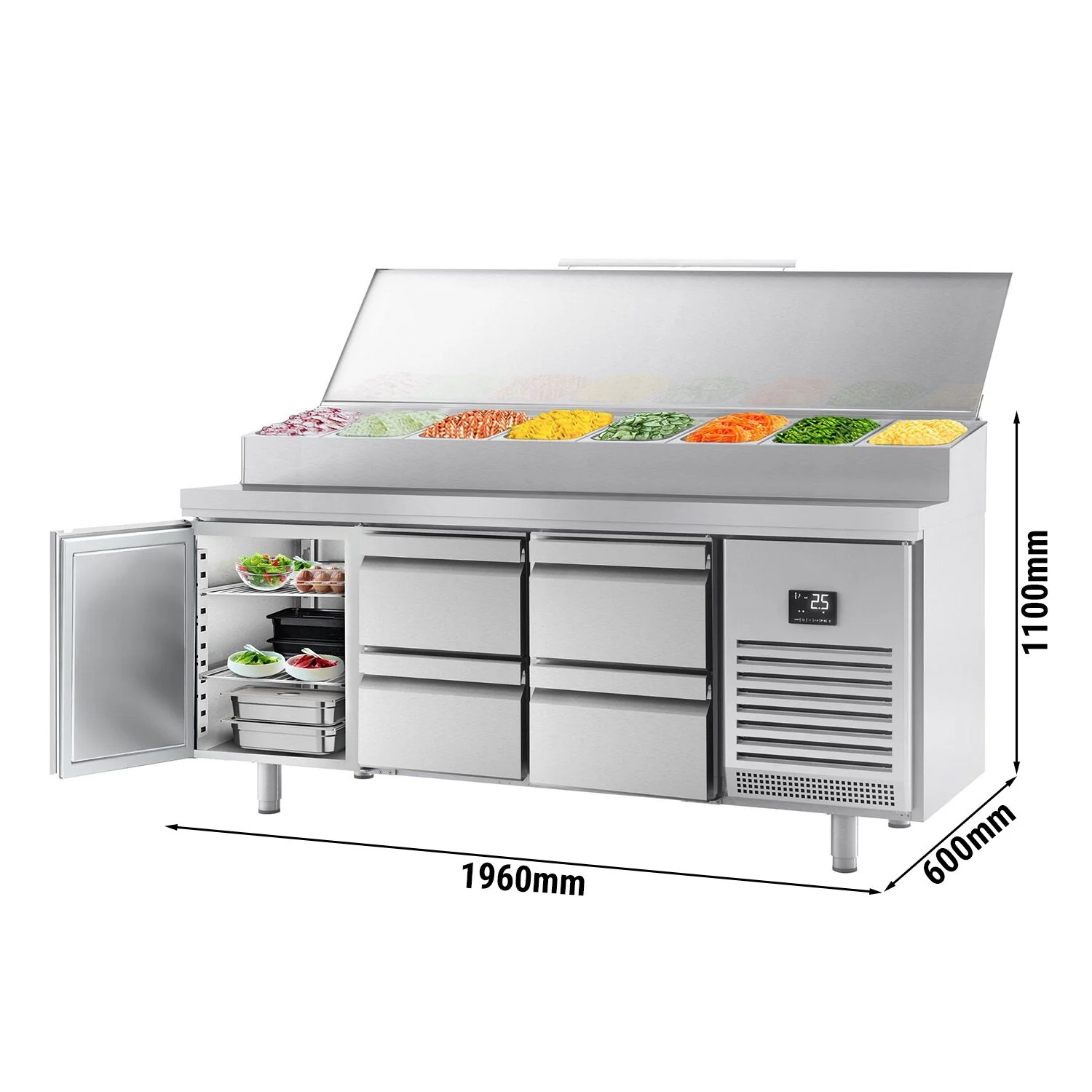 Saladette - 1960x600 mm - 1 dør og 4 skuffer - med lokk - for 11x GN 1/4 beholdere