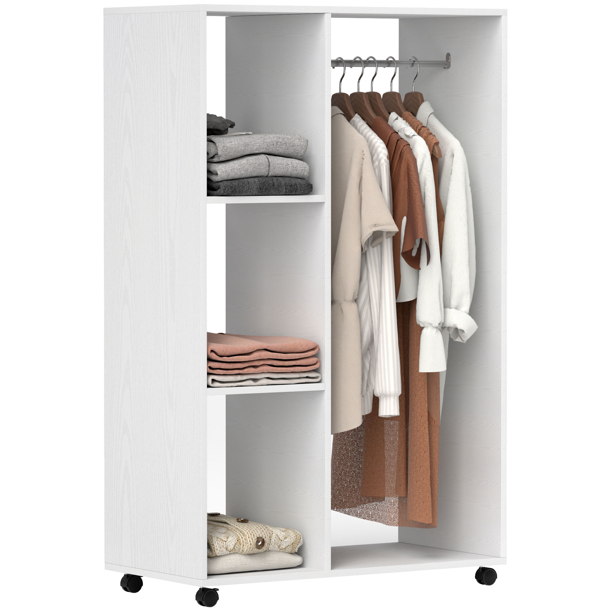 Mobiele Open Garderobe op Wielen, Garderobekast, Verplaatsbaar Kledingrek, 80 x 40 x 128 cm, Wit