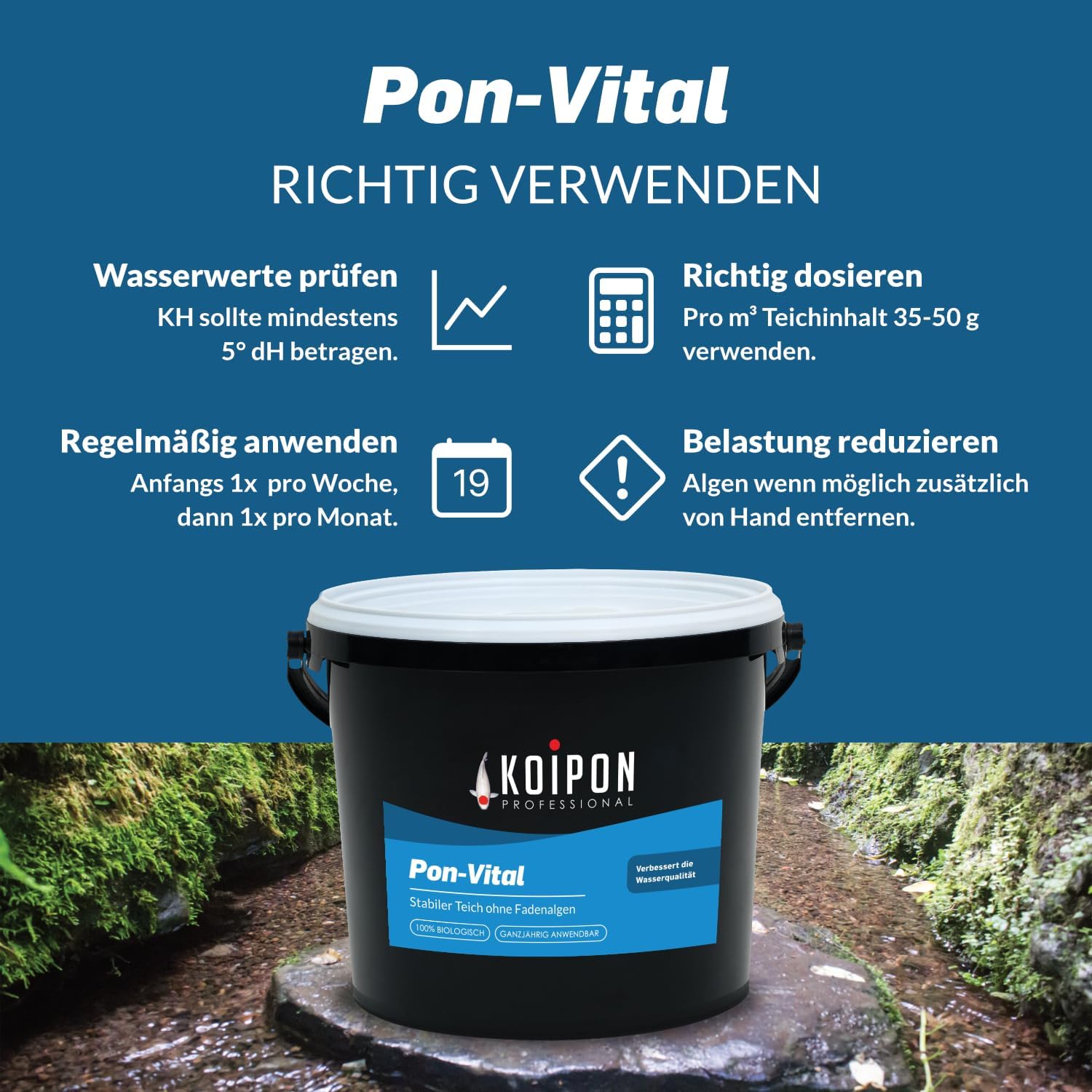 KOIPON Pon-Vital 25 kg, Die 100% biologische Alternative zum Fadenalgenvernichter gegen Algenwachstum und Fadenalgen im Gartenteich