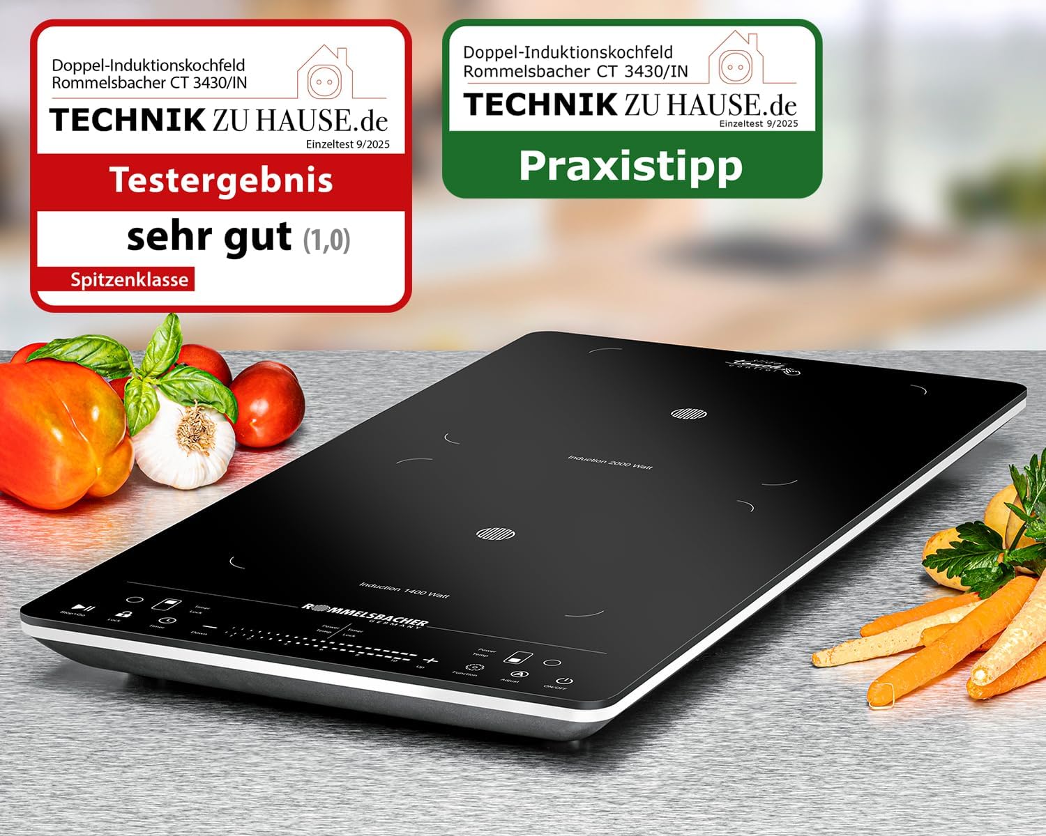 ROMMELSBACHER Doppelkochplatte CT 3430/IN, Induktion, vertikale Bauform, platzsparend, 2 Heizzonen, 10 Leistungssturen, 10 Temperaturstufen, Timer, Slider Touch & Touch Control