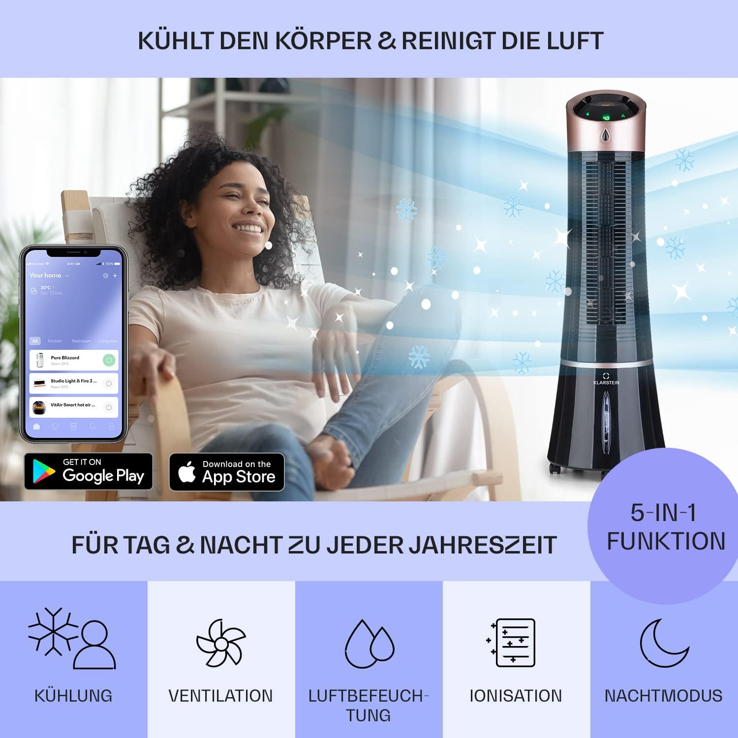 Klarstein 4-in-1: Smart Luftkühler, Ventilator, Luftbefeuchter & Ionisation I 6 L Wassertank, Oszillation, 30 W, 210 m³/h, Timer I Klimagerät ohne Abluftschlauch, Mobiles Klimagerät, Schwarz-Rosegold