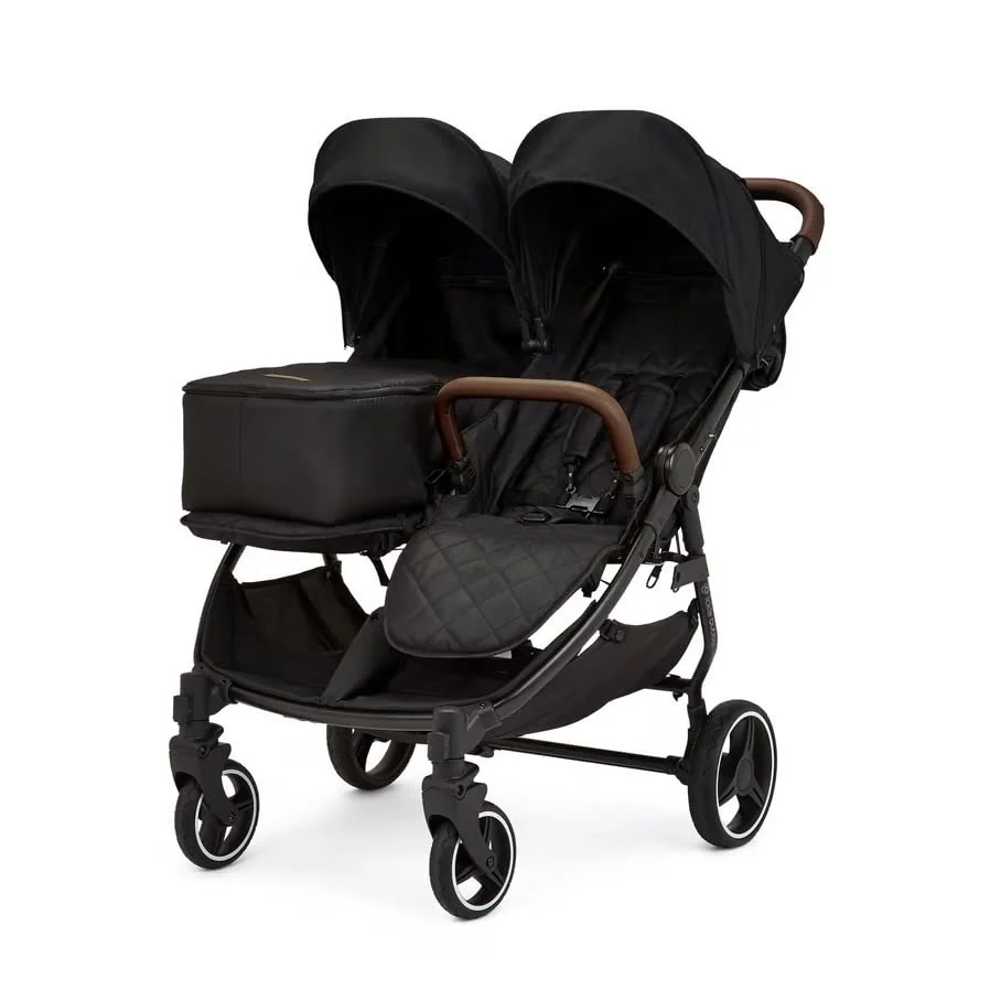 Ickle Bubba Venus Prime Doppelkinderwagen - geeignet von Geburt bis 15 kg (ca. 3 Jahre), leichter, faltbarer Zwillingskinderwagen mit Neugeborenenkokon, 2 Fu?w?rmern und Regenschutz (Schwarz)