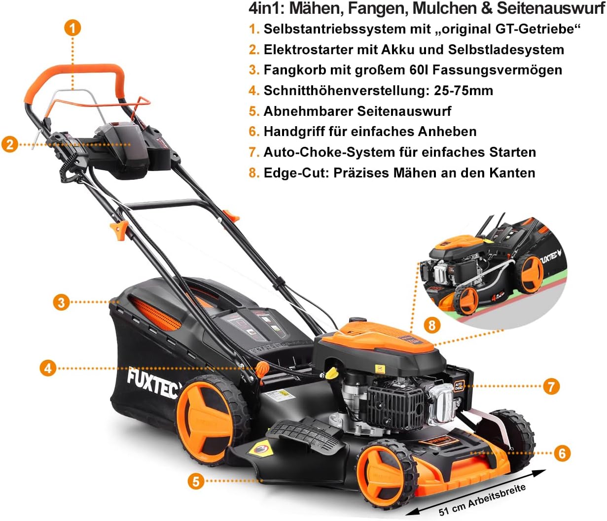 FUXTEC 4in1 Benzin Rasenmäher FX-RM5196eSPRO mit E-Start und regulierbarem Selbstantrieb, Gartenmäher inkl. Frontstoßstange, 51 cm Schnittbreite, kugelgelagerte Big Wheel Räder, 60L Grasfangkorb