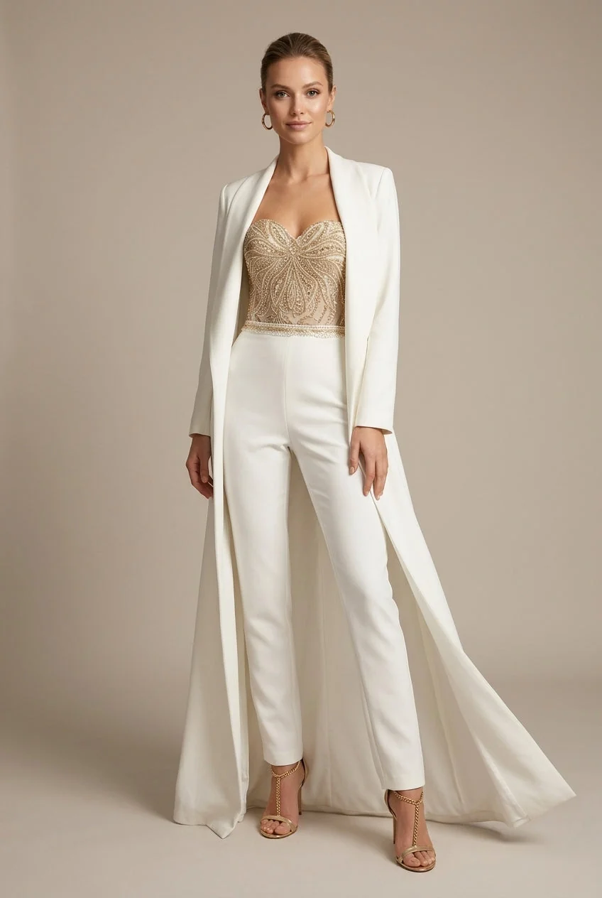 Tr?gerloser Jumpsuit mit Perlenbesatz �C Pailletten-Oberteil, gerades Bein f��r Damen