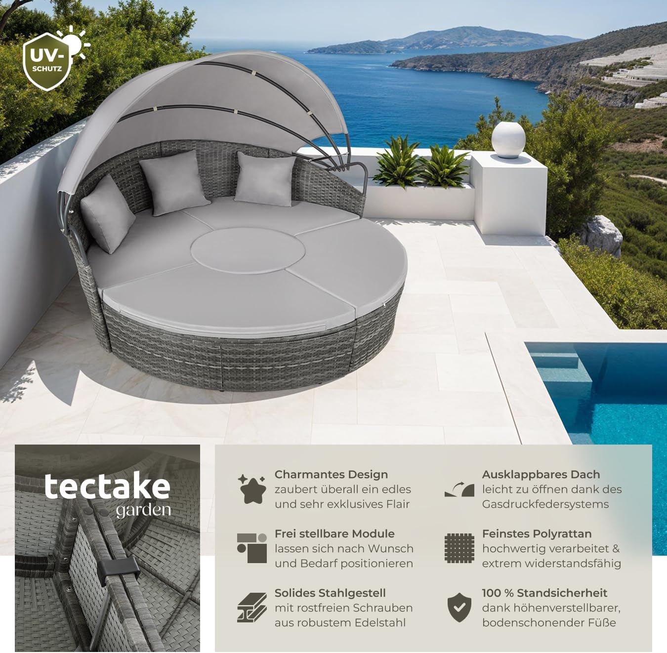 tectake® Lounge Muschel Sonneninsel Outdoor wetterfest, Gartenmuschel, Sonnenliege 2 Personen und mehr, multifunktionales Terrasse oder Balkon Möbel, Gartenliege wetterfest - grau