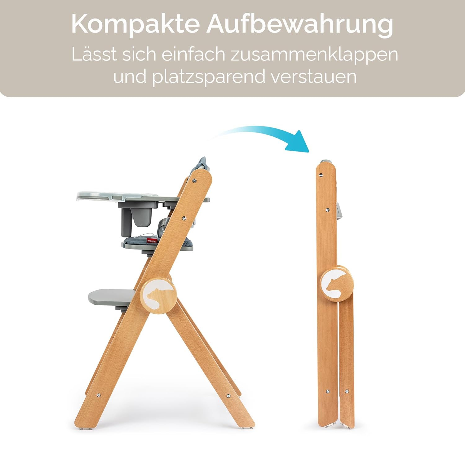 Holzhochstuhl Drömmer Unique bis 75kg Mitwachsender Faltbarer Hochstuhl aus Buche für Kinder mit Sitzkissen 5 Punkt Gurt zusätzliche Ablage Schrittgurt 9 Höhenverstellungen Schutzbügel Grau
