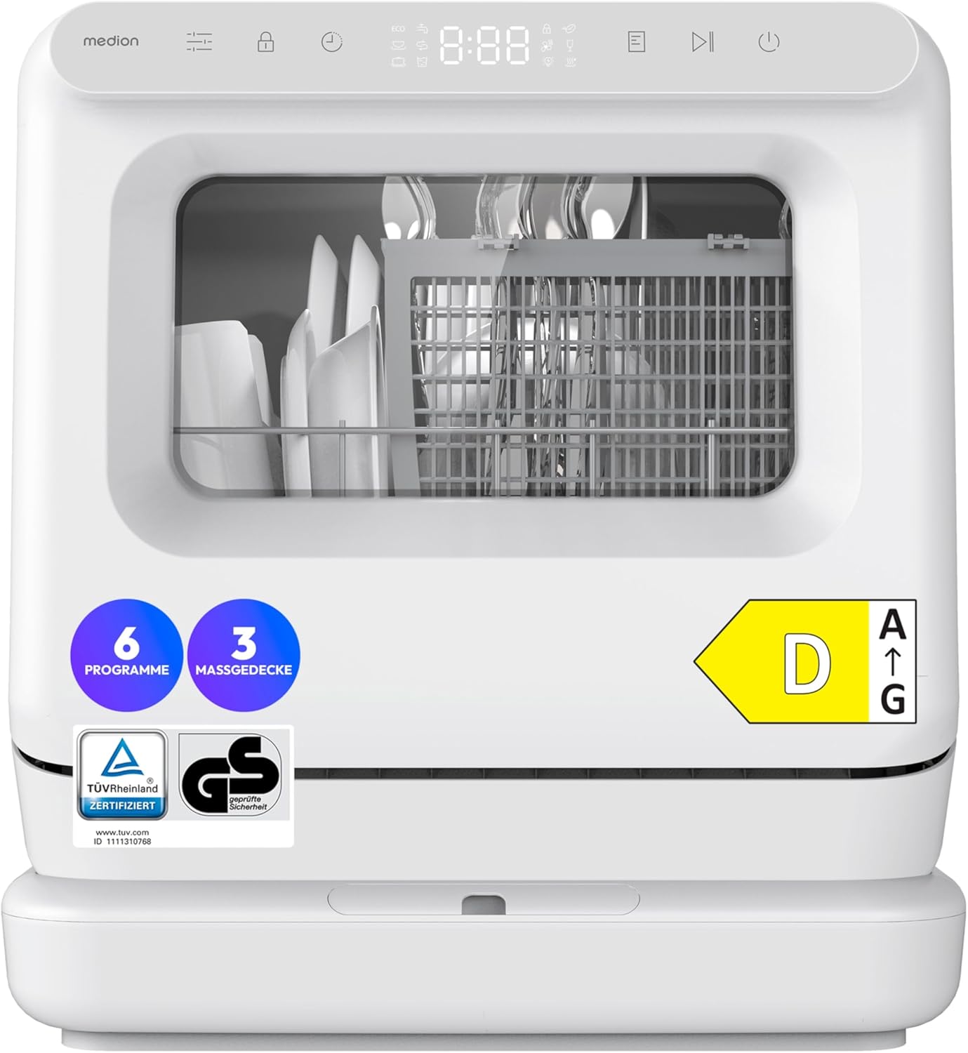 MEDION Mini Geschirrspüler DWT30, 3 Maßgedecke, Tischgeschirrspüler, funktioniert mit/ohne Wasseranschluss, 6 Programme, UV-Licht, Lüfter-Trocknung, Touch-Display, freistehend, MD370022