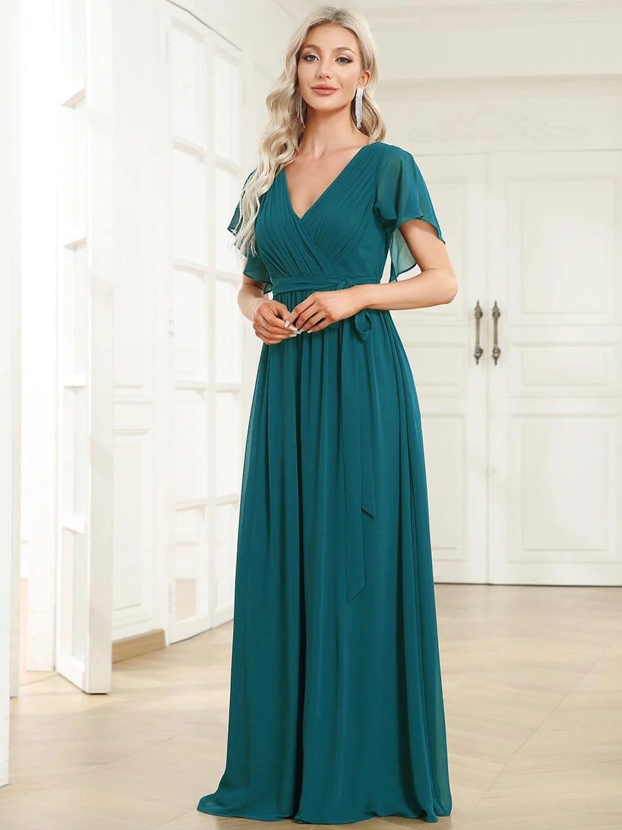 Abendkleid Damen Maxi A-Linie aus Chiffon | Festliches Kleid f��r Hochzeitsg?ste mit V-Ausschnitt und Fl��gel?rmeln