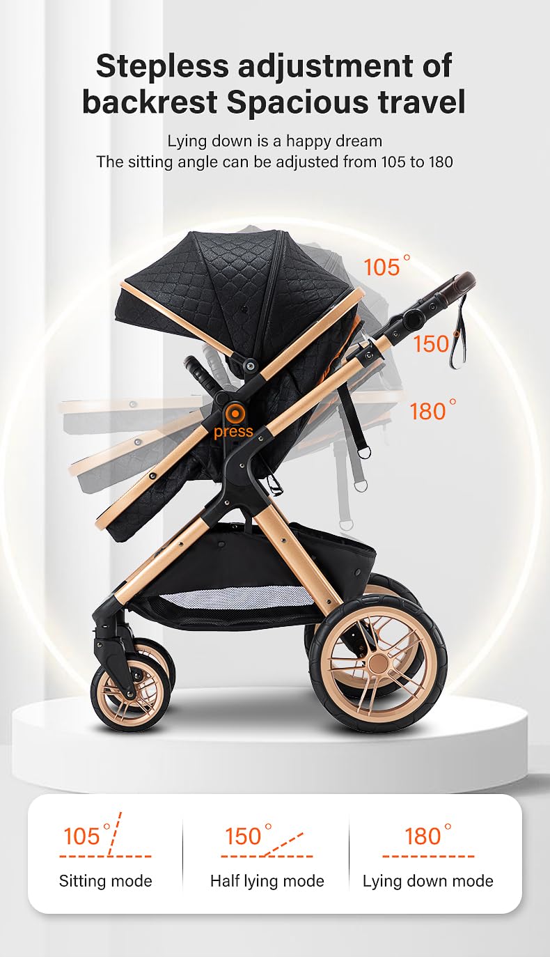 YAZOCO kinderwagen 3 in 1 Buggy Babybett Komplett Set Einem Klick Zusammenklappbarer Kinderwagen, KombiKinderwagen Aluminiumrahmen für Neugeborene (Schwarz)