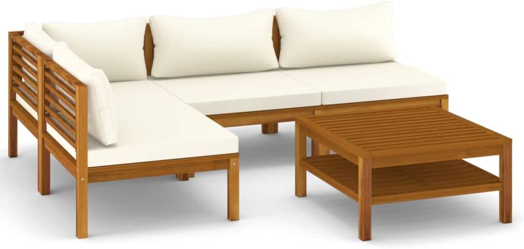 vidaXL Akazienholz Massiv Gartenmöbel 5-TLG. mit Creme Kissen Tisch Mittelsofa Ecksofa Sofa Lounge Gartenset Garten Garnitur Sitzgruppe Gartensofa