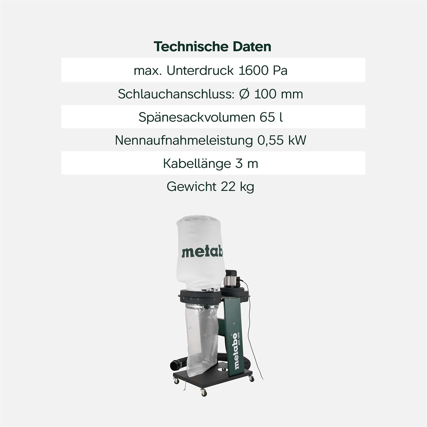 metabo Späneabsauganlage SPA 1200-550 W, 65 L Spänesack, 100 mm Schlauchanschluss - Staubklasse L, Kippsicher, Integrierte Erdung, Mobil auf Rollen - Ideal für Holzbearbeitungsmaschinen