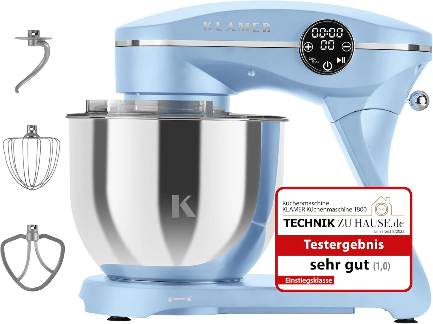 KLAMER Keukenmachine 1800W, Kneedmachine met 6 Liter RVS Kom, 10 Snelheidsstanden met Timer, Klopper, Deeghaak, Garde en Spatdeksel