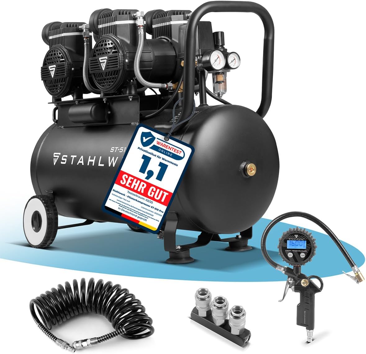 STAHLWERK Kompressor 50 L Tank (ST-510 Pro) - Vollausstattung mit Zubehör - ölfrei  und  leise, 10 bar, Druckluftkompressor mit Brushless-Motoren, 3,94 PS, 2,9 kW, 500 l/min, Silent-/Flüsterkompressor