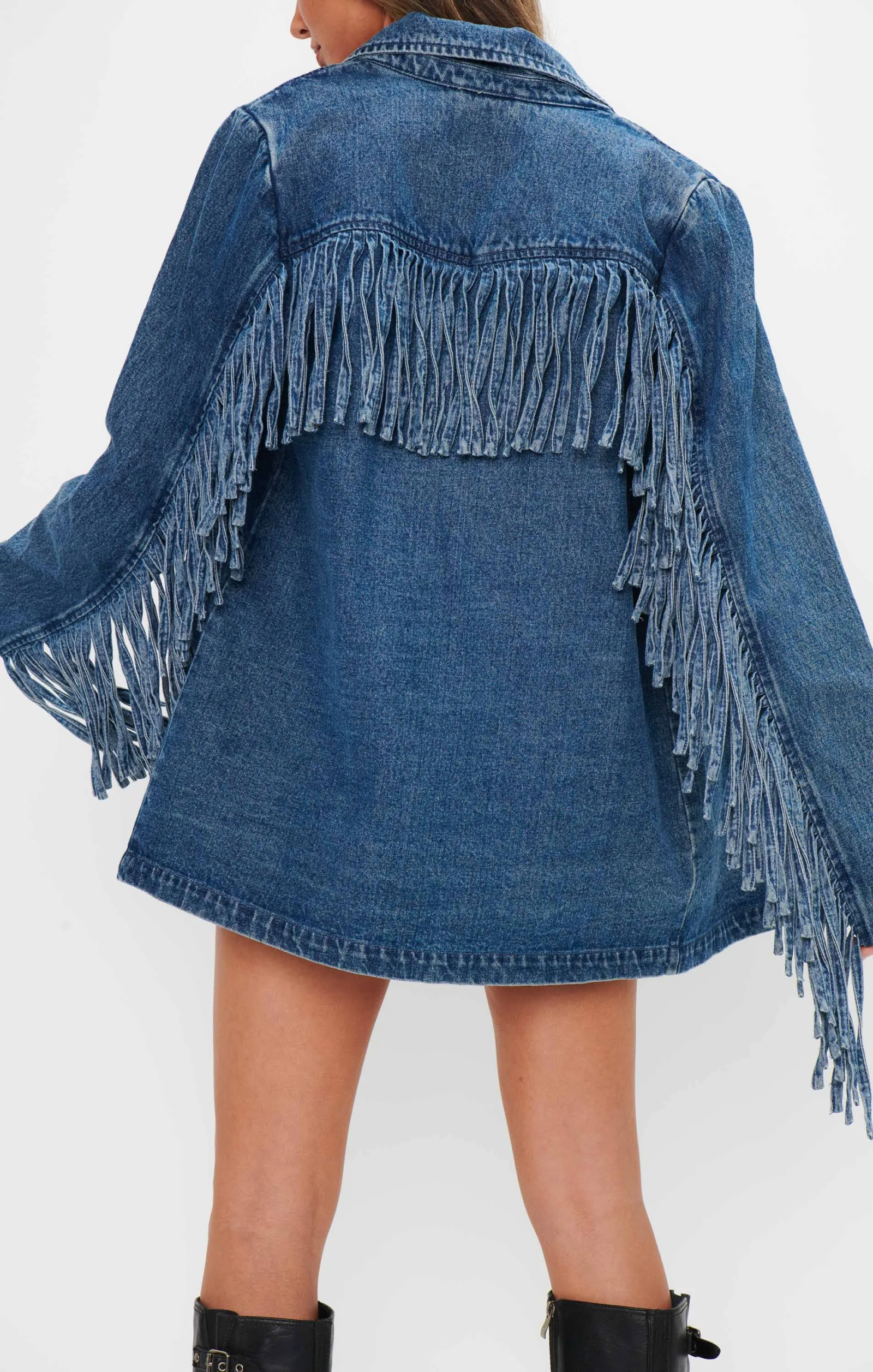 Show Me Your Mumu Sierra Fringe Jacket in Denim-Medium