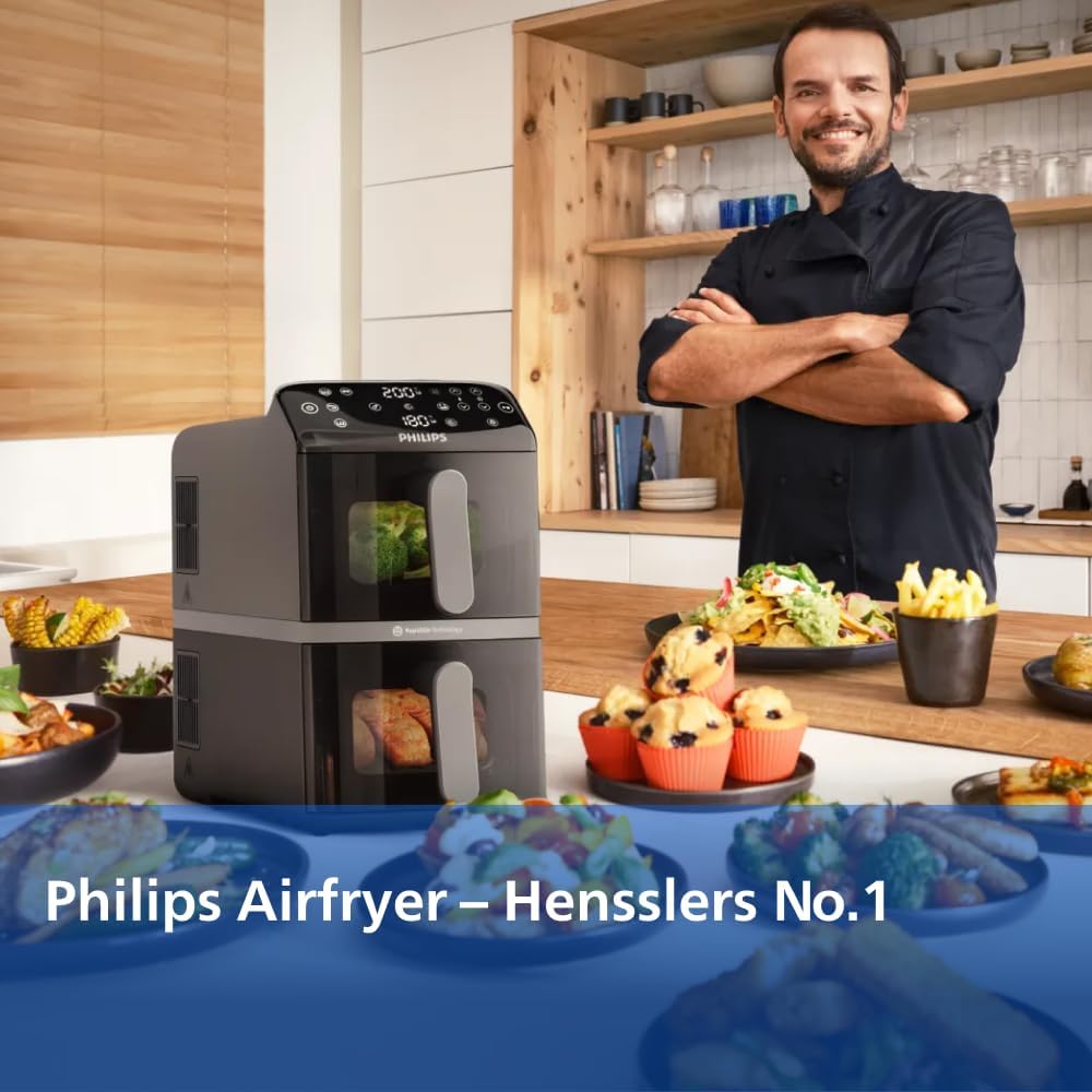 Airfryer 4000 Series Stacked Dual Basket, Gestapelte Heißluftfritteuse mit 2 Körben, 10L, RapidAir Technologie, 45% weniger Platzbedarf, PFAS-freie Keramikbeschichtung, Sichtfenster (NA460/00)