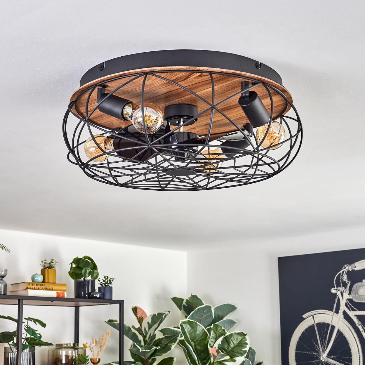 LED Deckenventilator Tourais, Ventilator aus Metall/MDF in Schwarz/Holzoptik, Deckenleuchte im Retro/Vintage-Design in Gitter-Optik, Lichteffekt u. Fernbedienung, Wohnzimmer, Schlafzimmer, Esszimmer