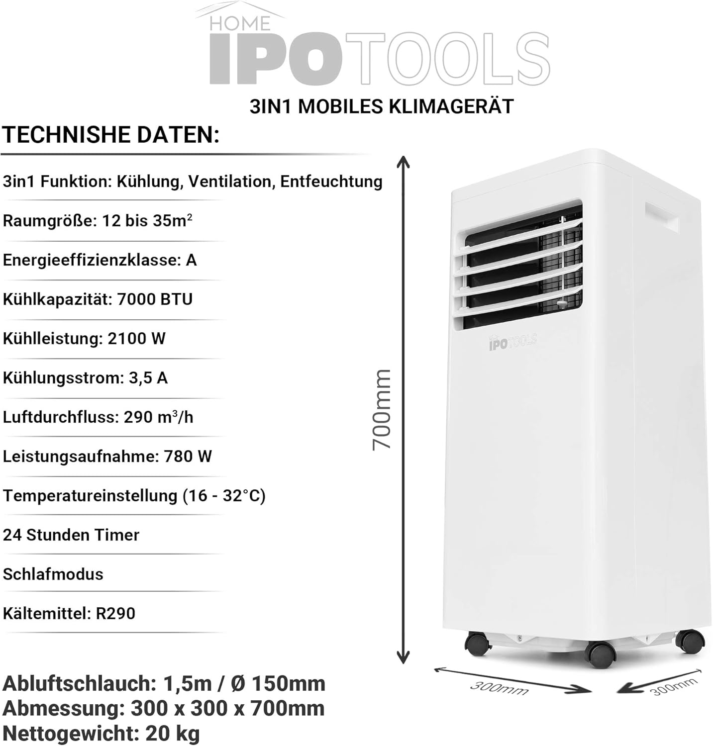 IPOTOOLS Lokales mobiles Klimagerät mit Abluftschlauch / 3in1 mobile Klimaanlage/Kühlen Ventilieren Entfeuchten (7000 BTU)