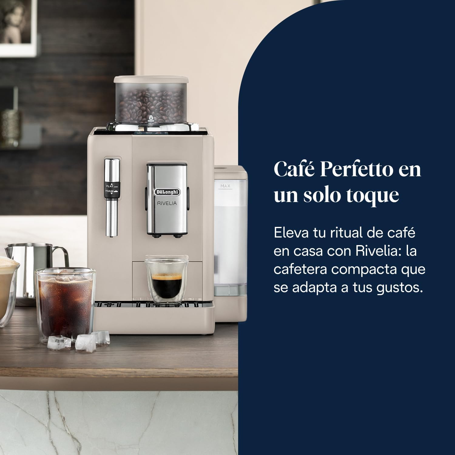 De'Longhi Rivelia Perfetto Superautomatic Coffee Maker, Manual Milk Frother, 8 One-Touch Beverages, Color Touch Screen, Interchangeable Coffee Bean Tanks, Beige (EXAM440.35.BG)