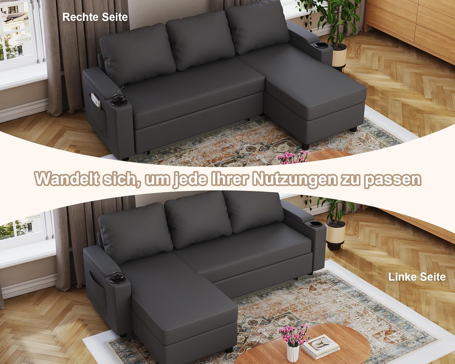 Devoko Ecksofa mit Schlaffunktion und Bettkasten L-Form Sofa 3-Sitzer Ausziehbares Schlafsofa Leder Couch Kleines Schlafcouch für Wohnung und Wohnzimmer, Schwarz