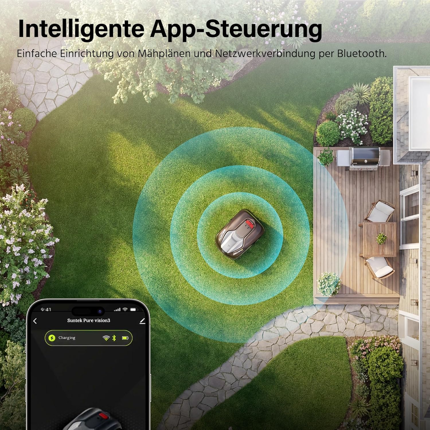 SUNTEK SRM2025 Mähroboter ohne Begrenzungskabel, KI Pure Vision Rasenmäher Roboter für 250 m² mit automatischer Kartierung, 35% Steigung, Wasserdichtigkeit IPX5, Automatische Kartierung mit Garage