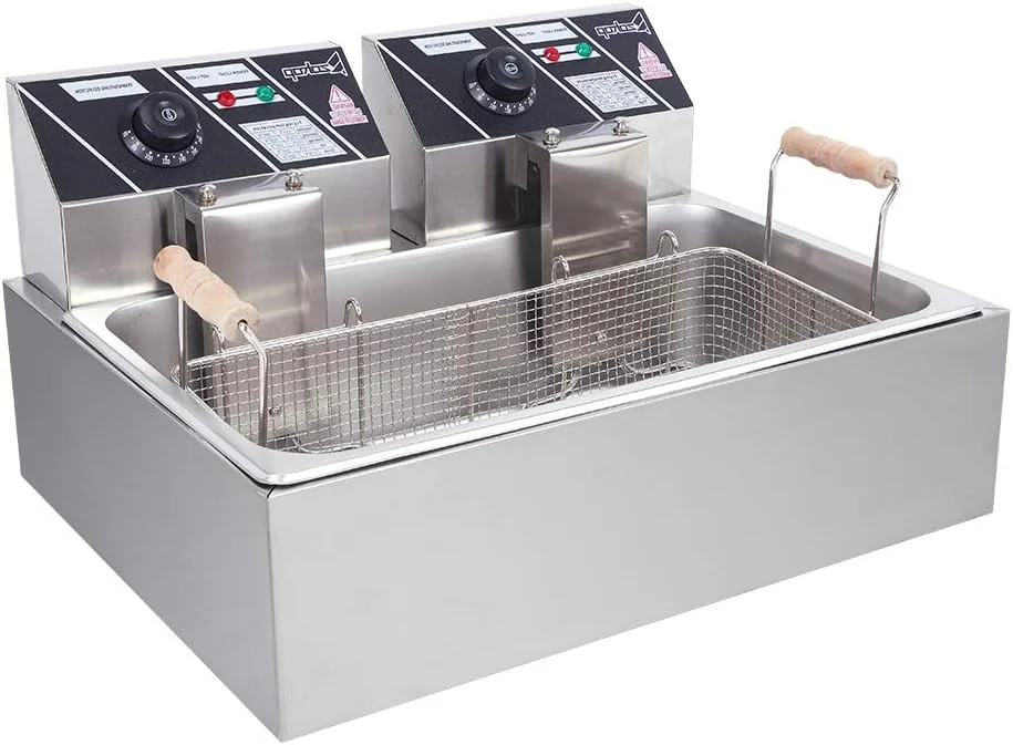 12-liter friteuse met filtermand, XL-jumbo formaat, instelbare temperatuur en timer, ideaal voor gebraden kip, garnalen, frieten, chips en meer, uitneembare oliereservoir, roestvrij staal